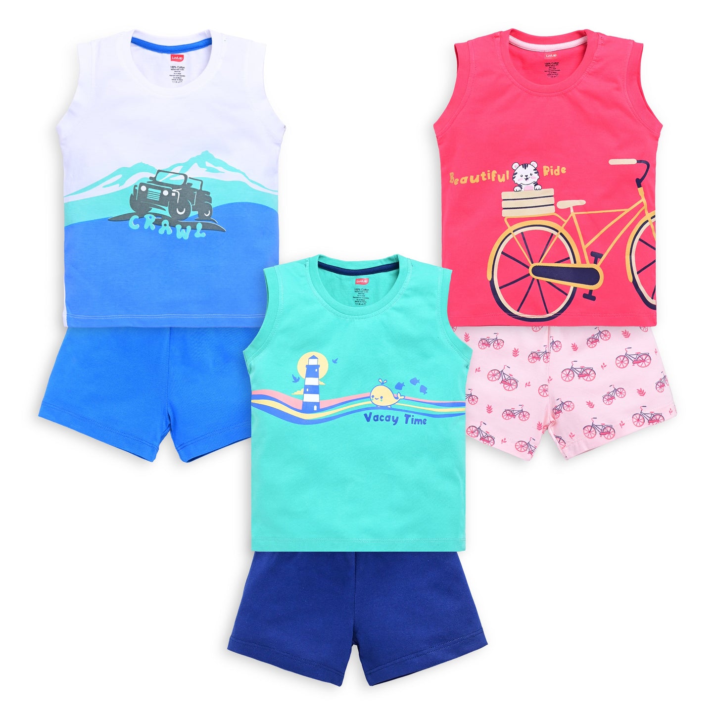 Baby Boys 100% Cotton Sleeveless Boys Tank Top & Shorts Sets Pack Of 3, Coral Red, Aqua Green & White