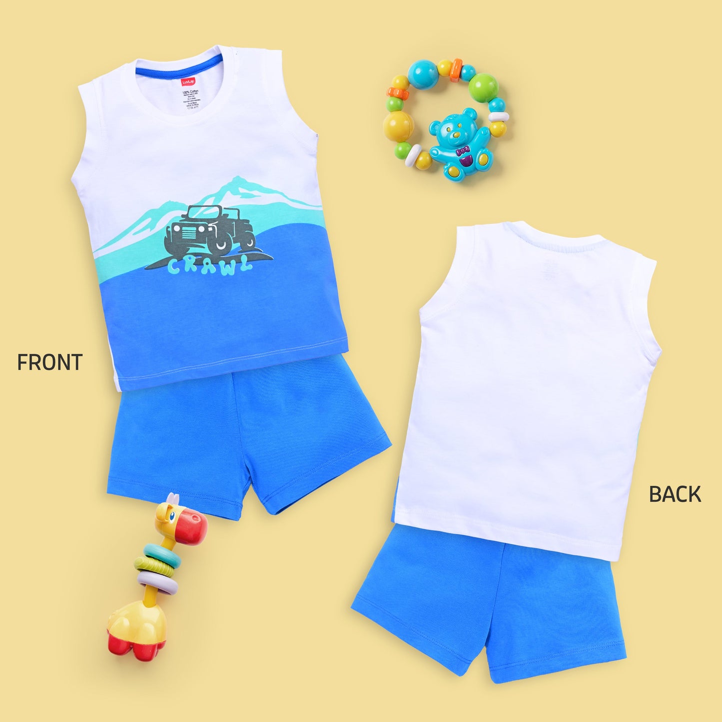 Baby Boys 100% Cotton Sleeveless Boys Tank Top & Shorts Sets Pack Of 3, Coral Red, Aqua Green & White