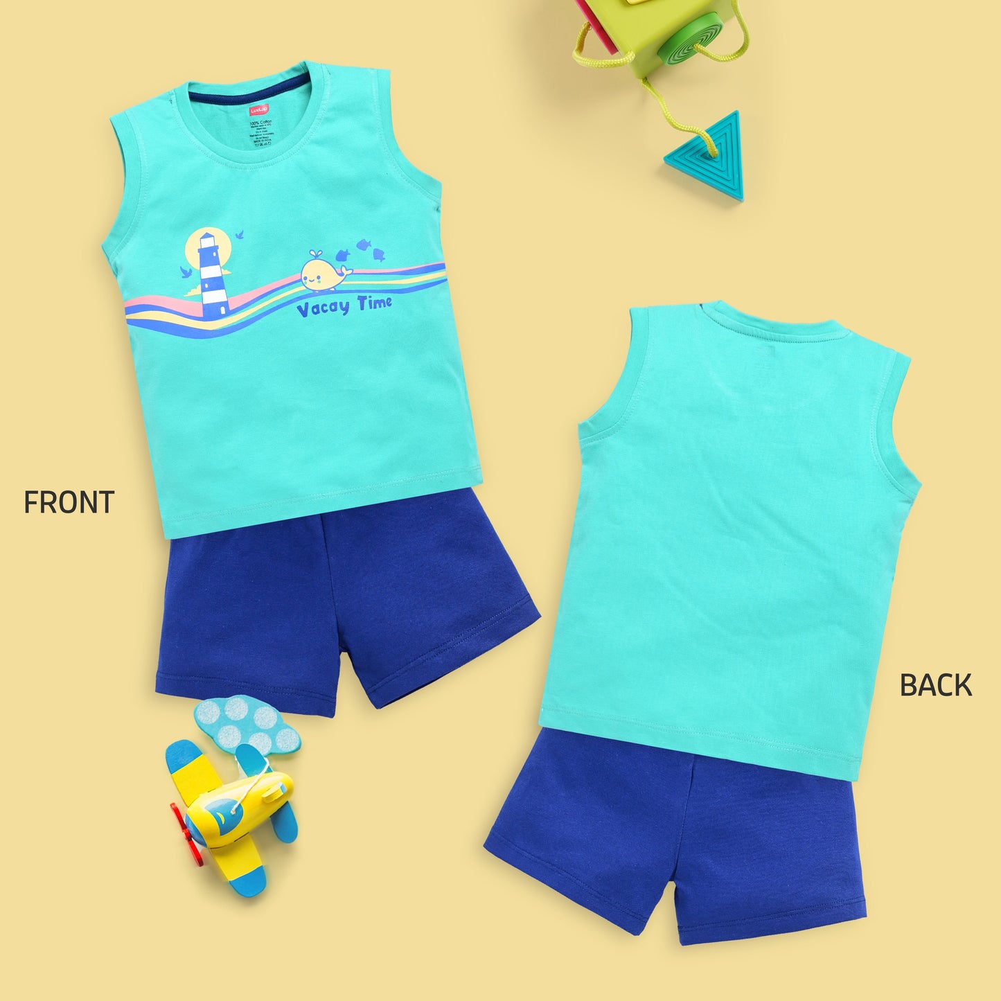 Baby Boys 100% Cotton Sleeveless Boys Tank Top & Shorts Sets Pack Of 3, Coral Red, Aqua Green & White