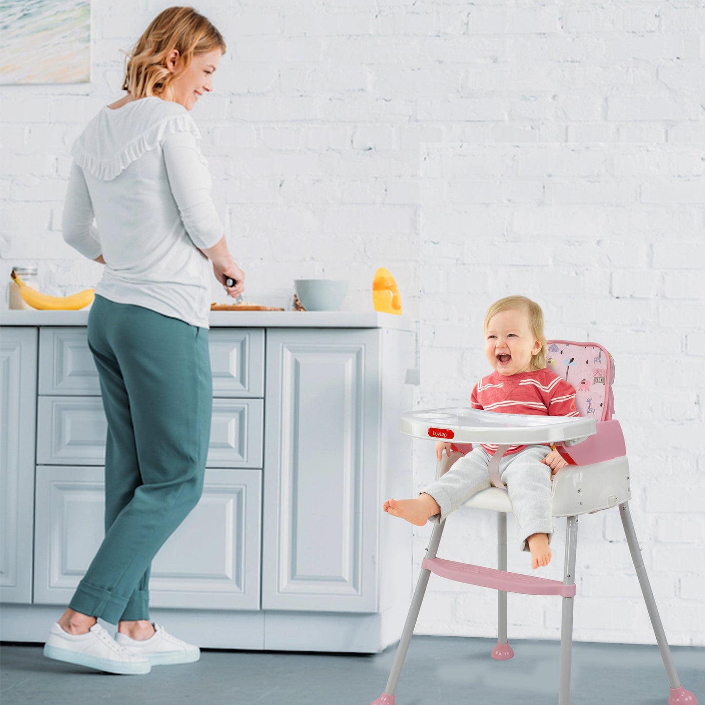High Chair for Baby/Kids, Toddler Feeding Booster Seat with Wheels, 3 Height adjustments, With Cushion, 6 month to 3 years, Portable (Pink)