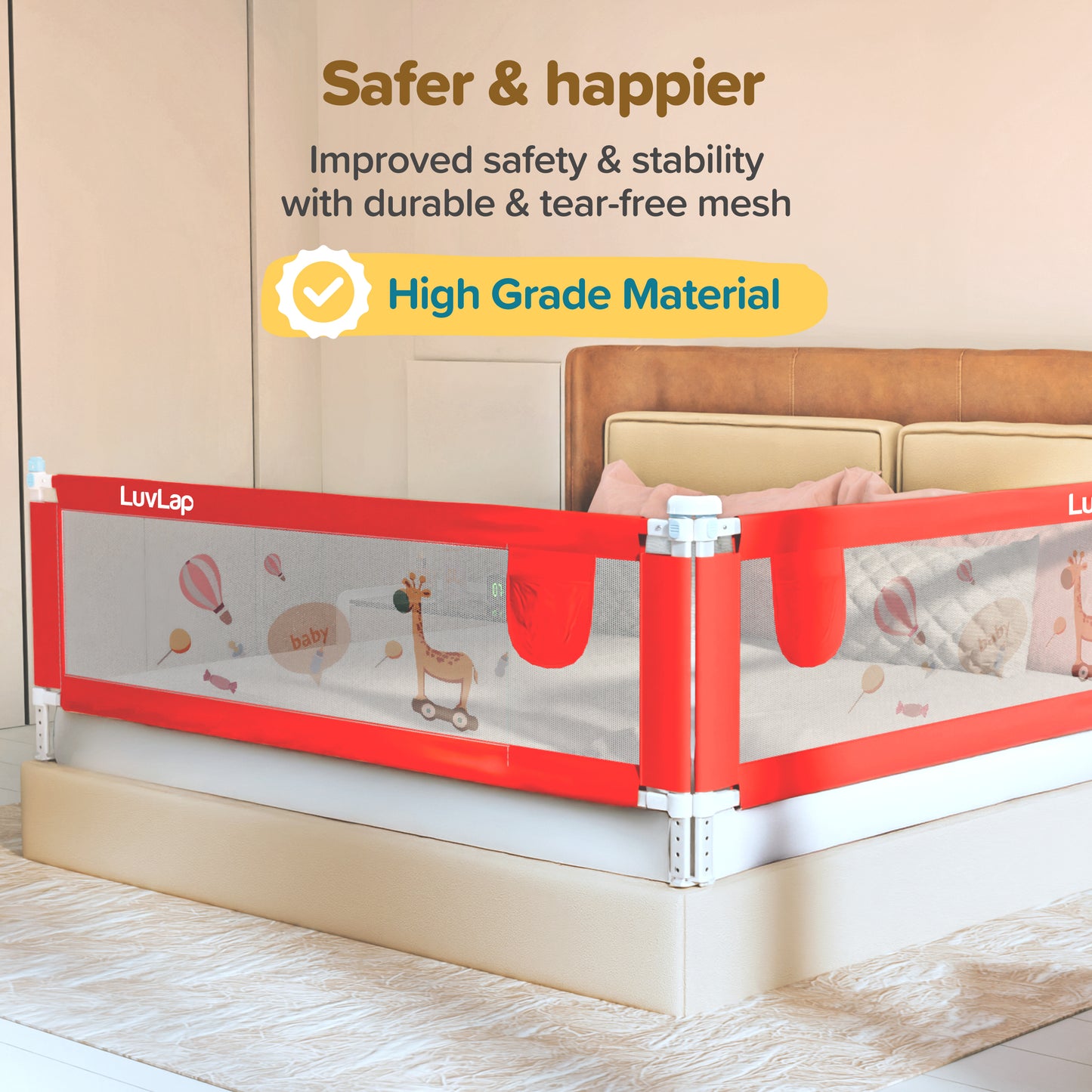 Comfy Baby Bed Rail Guard (6 ft x 2.3 ft), 180cmx72cm, Bed Rails for Baby & Toddler Safety, Portable, Adjustable Height, Single Side Bed Rail, Pack of 1, Printed Red