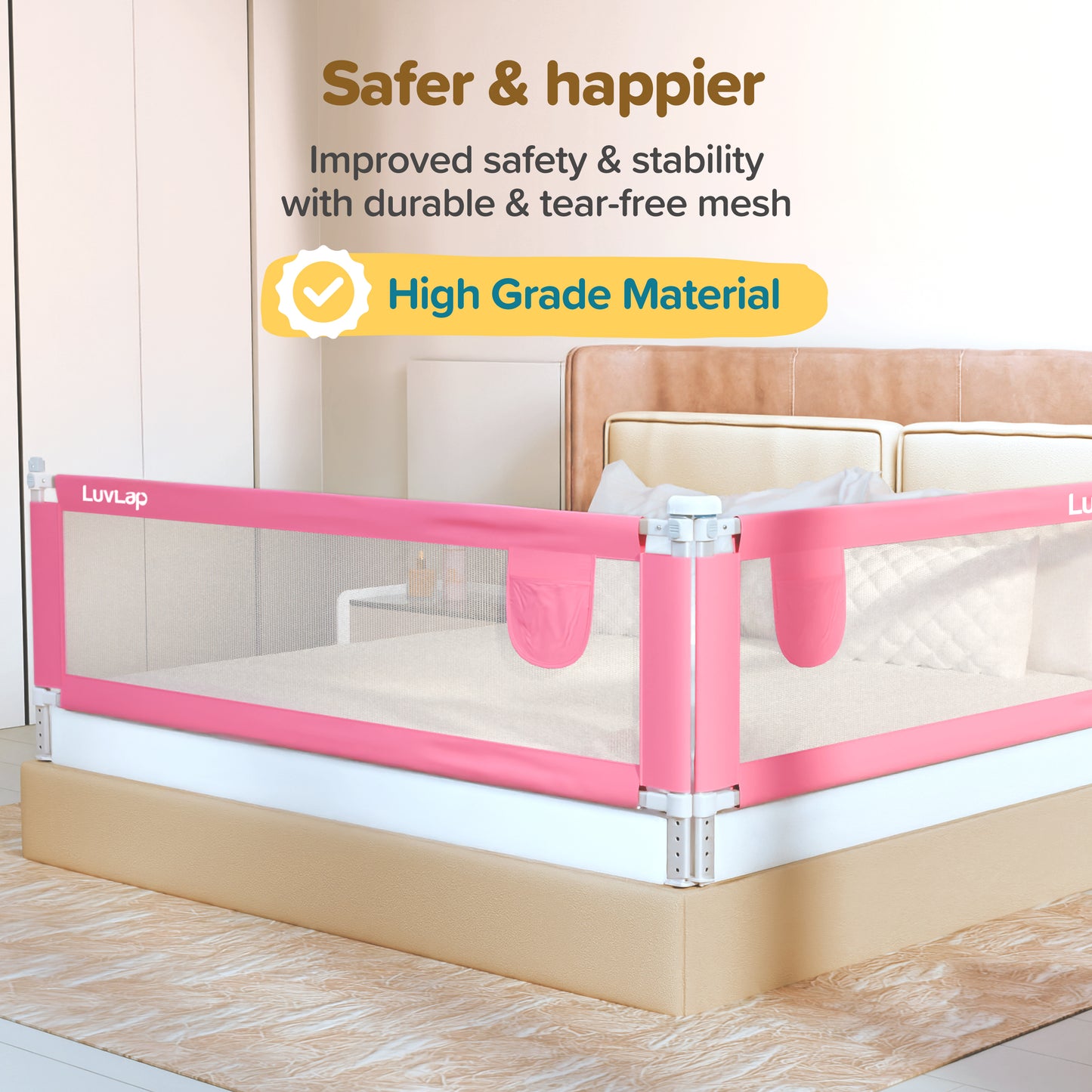 Bed Rail Guard for Baby/Kids Safety, 180cm x 72 cm, Portable & Foldable, Baby Safety Essential, Adjustable Height, fits All Bed Sizes (Pink - Without Print)