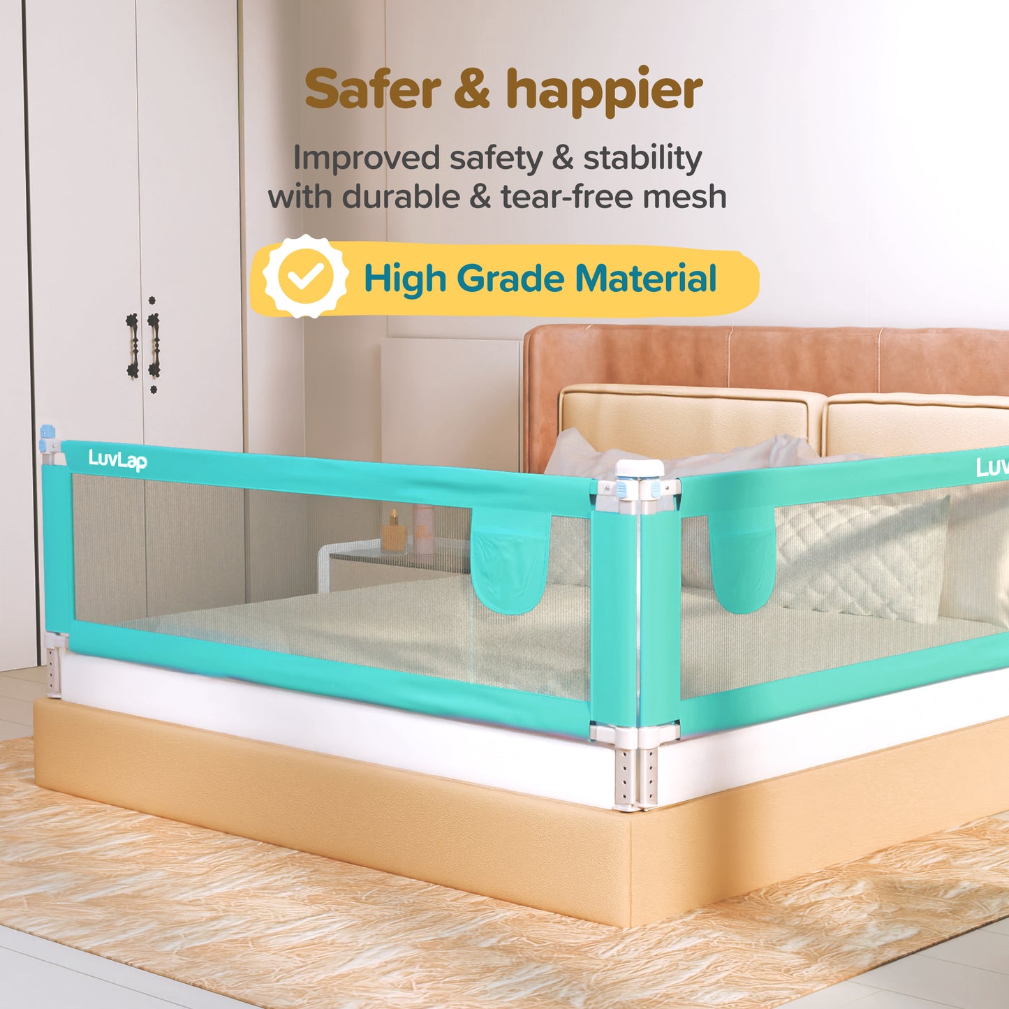 Alloy Steel Bed Rail Guard for Baby/Kids Safety, 180Cm X 72 Cm, Portable & Foldable, Baby Safety Essential, Adjustable Height, Fits All Bed Sizes (Green - Without Print)