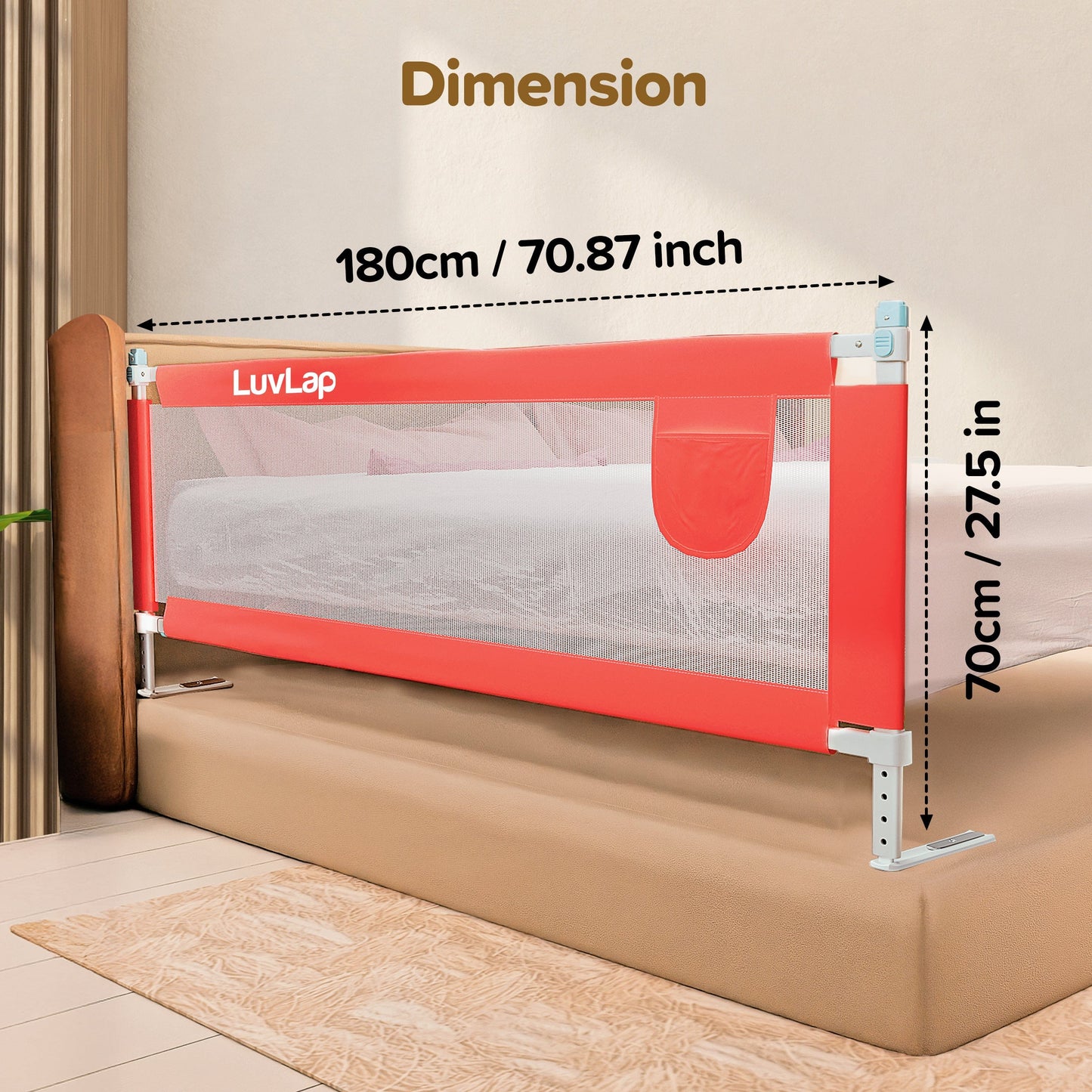 Bed Rail Guard for Baby/Kids Safety, 180cm x 72 cm, Portable & Foldable, Baby Safety Essential, Adjustable Height, fits All Bed Sizes (Red - Without Print)