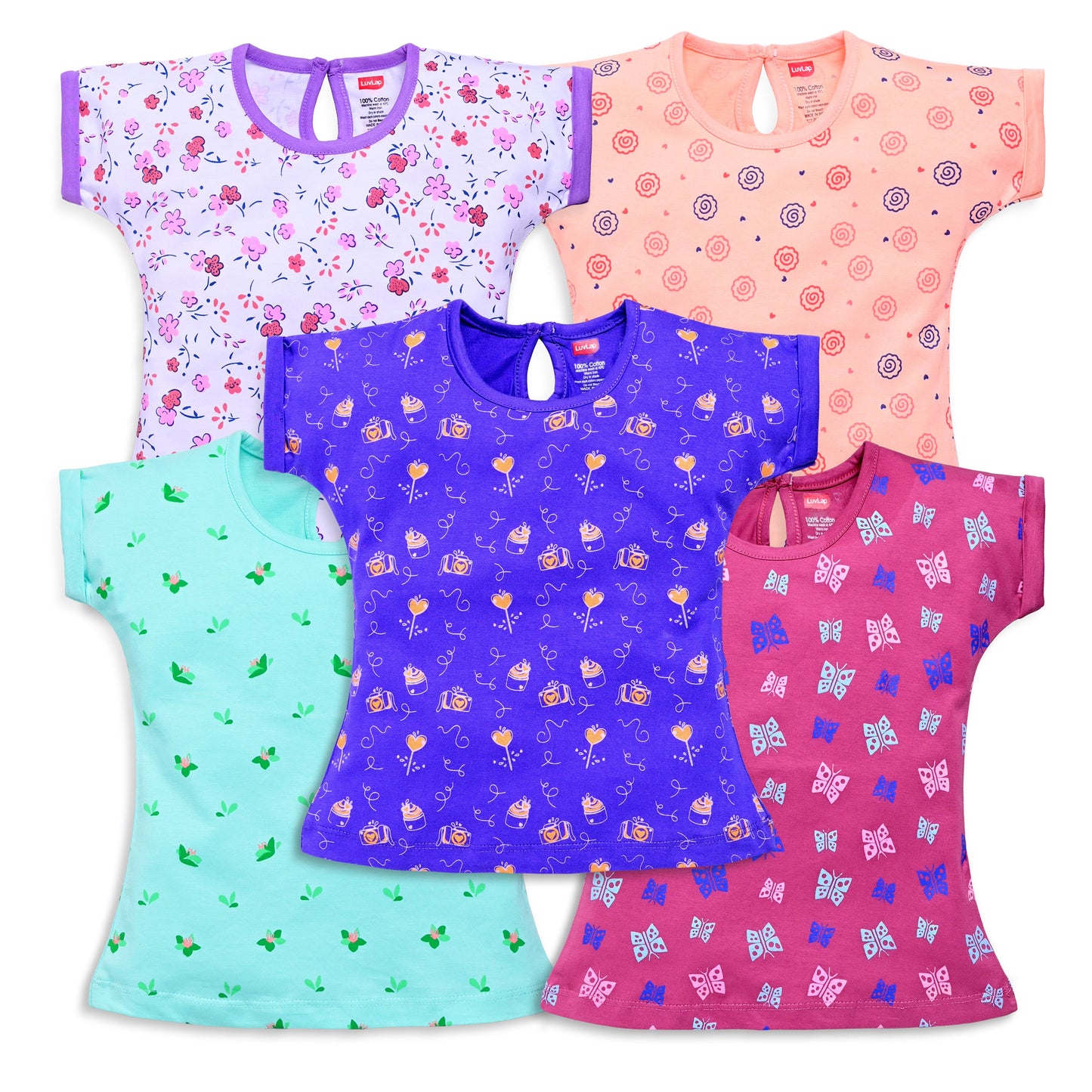 Baby Girls Regular Fit 100% Cotton Half Sleeves Girls Top Pack Of 5, White, Burgundy, Peach, Purple Opulence & Lt. Pastel Green