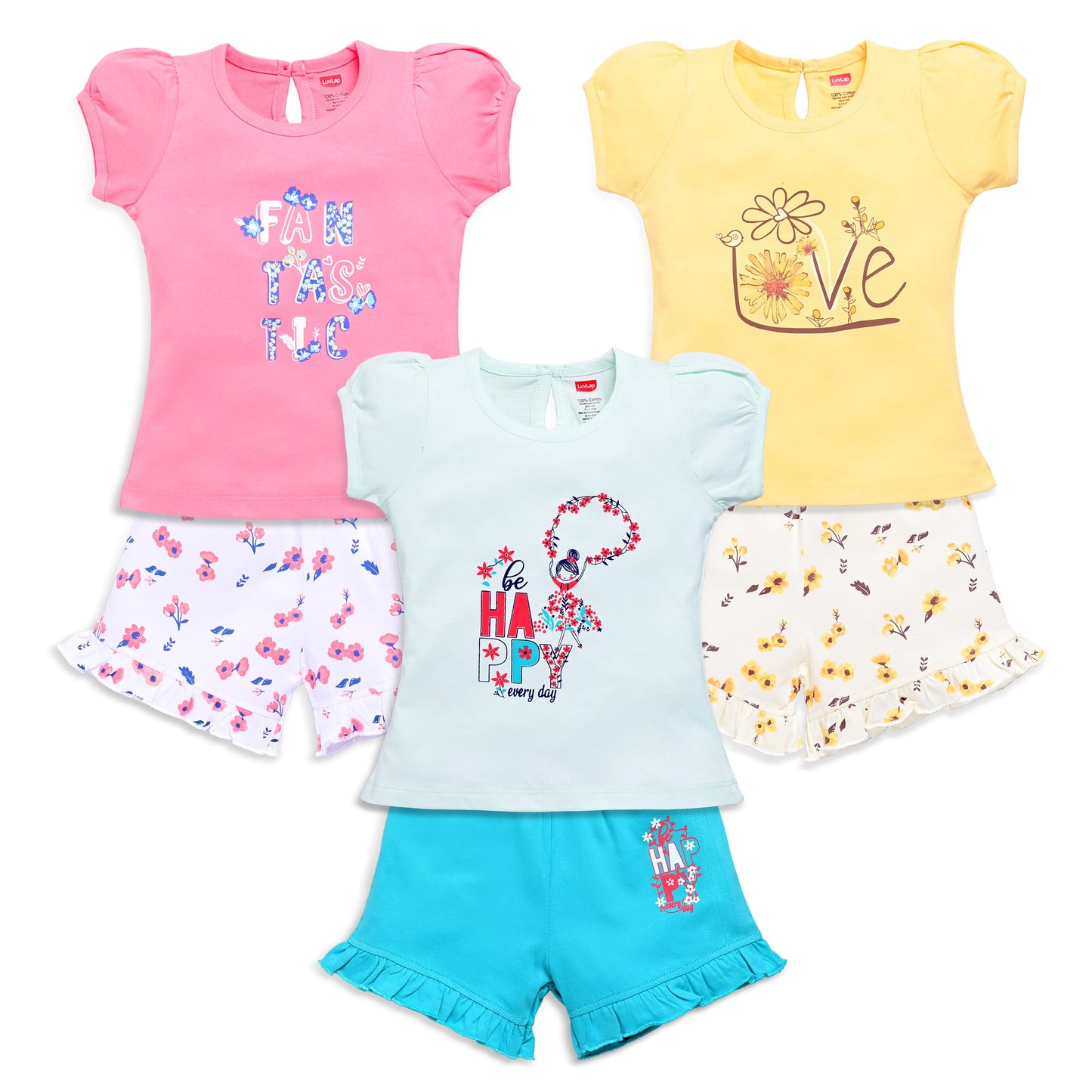 Baby Girls Regular Fit 100% Cotton Half Sleeves Girls Top CoSets Pack Of 3, Salmon Rose, Mint & Sunflower