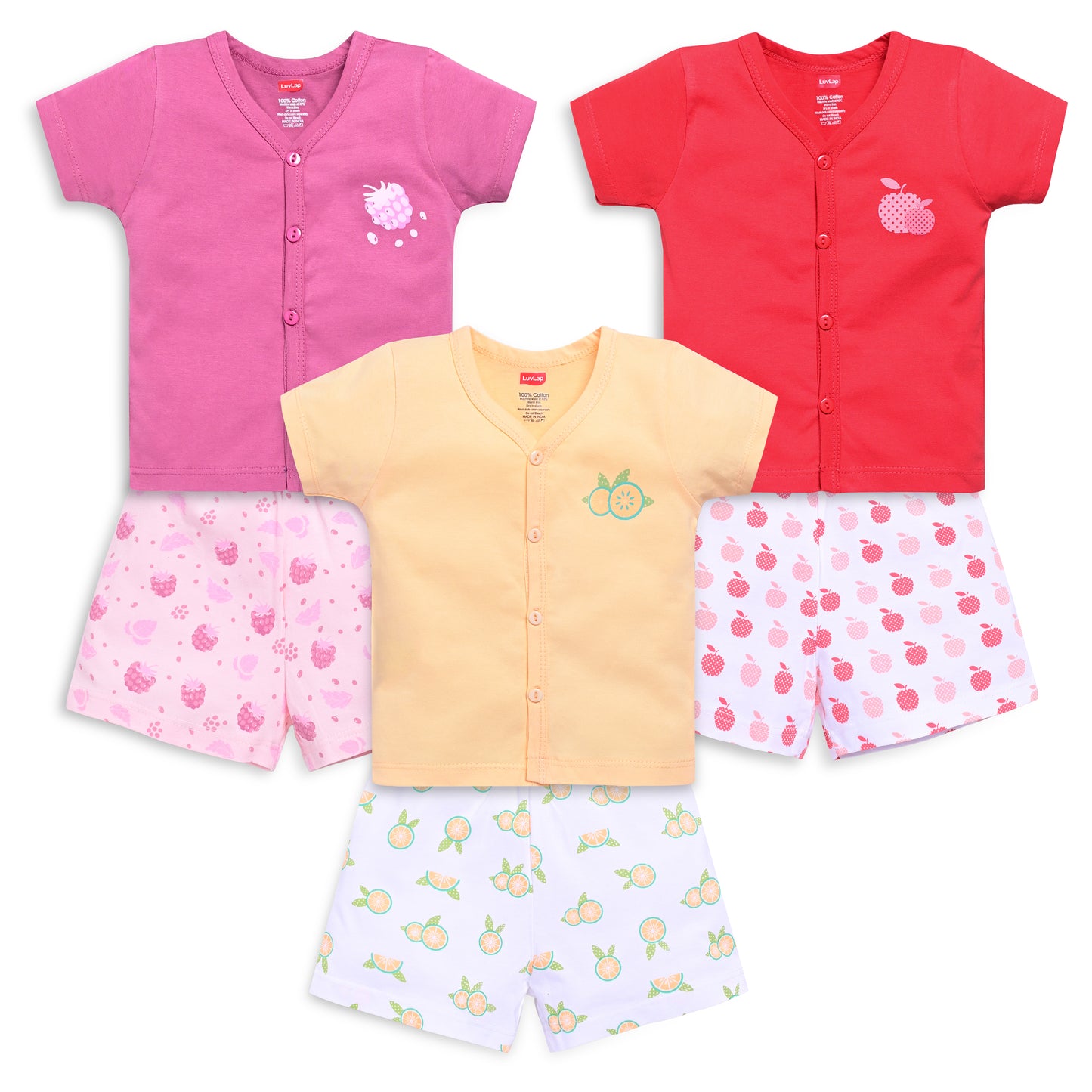 Baby Boys & Girls Regular Fit 100% Cotton Half Sleeve Jhabla & Shorts Sets Pack Of 3, Burgundy, Mango & Aurora Red