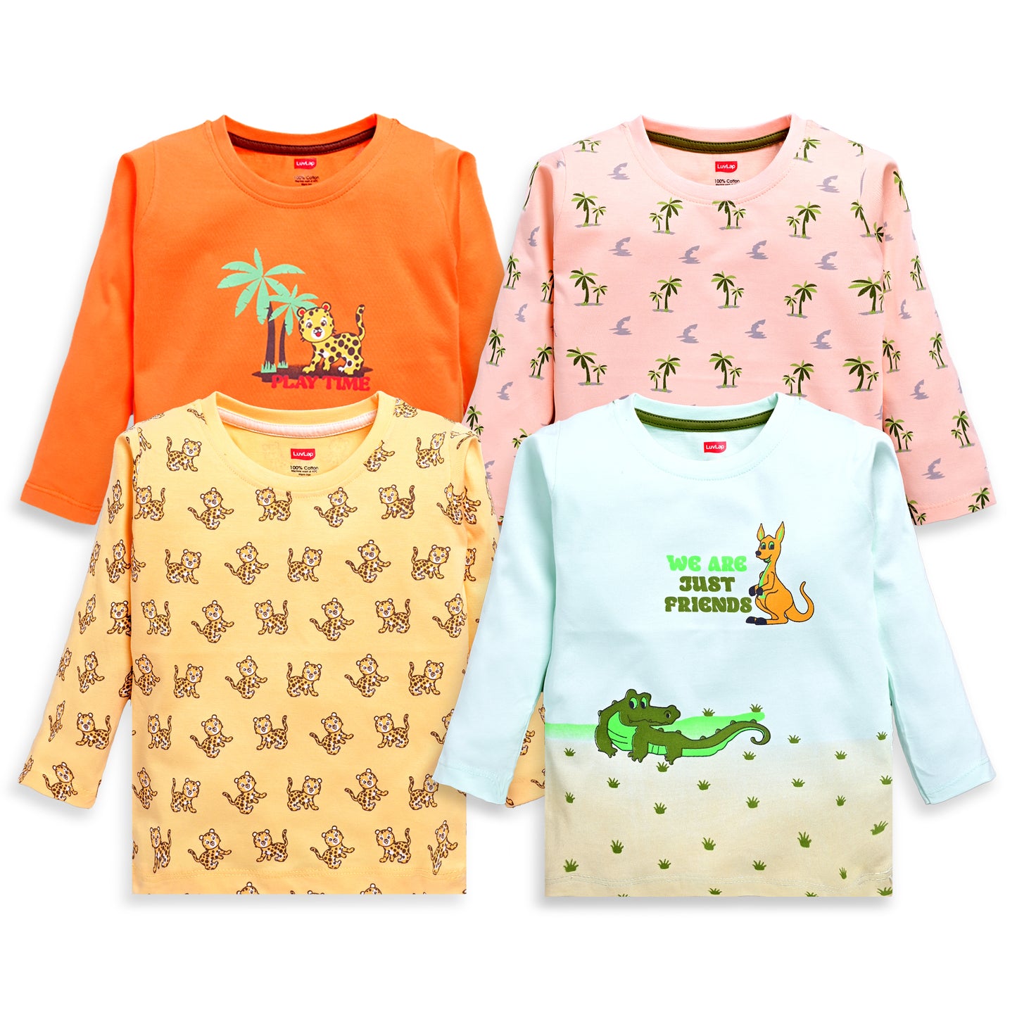 Baby Boys Regular Fit 100% Cotton Full Sleeves Boys T-Shirts Sets Pack Of 4, Mint, Light Peach, Mango & Papaya