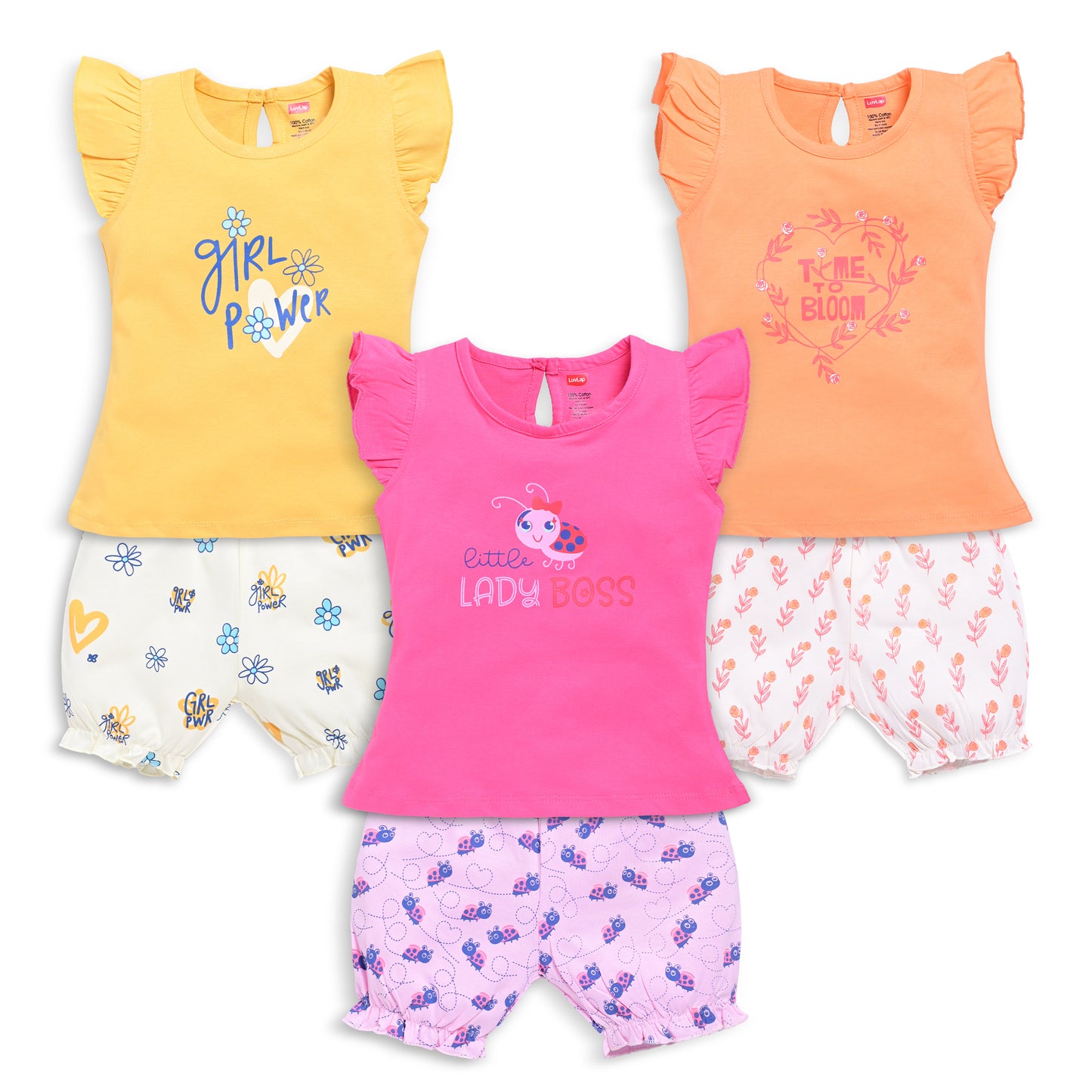 Baby Girls Regular Fit 100% Cotton Half Sleeves Girls Top CoSets Pack Of 3, Papaya, Hot Pink & Gold