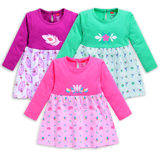 Baby Girls 100% Cotton Full Sleeve Girl Frock Pack Of 3, Morning Glory, Fuschia & Pastel Green