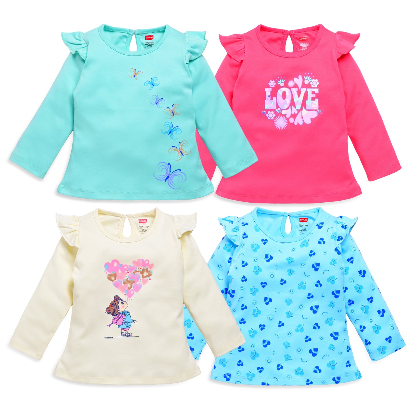 Baby Girls 100% Cotton Full Sleeve Girls Top Pack Of 4, Off White, Coral Red, Lt. Pastel Green & Aqua