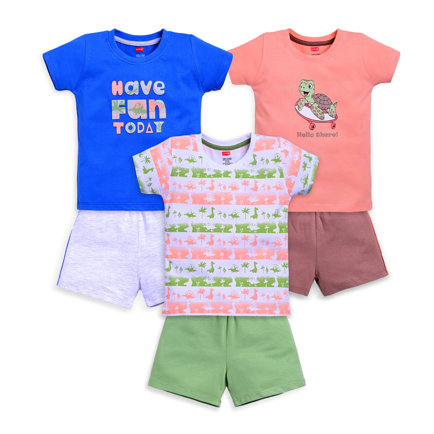 Baby Boys Regular Fit 100% Cotton Half Sleeves Boys T-Shirts and & Shorts Sets Pack Of 3, Peach, Supra & White