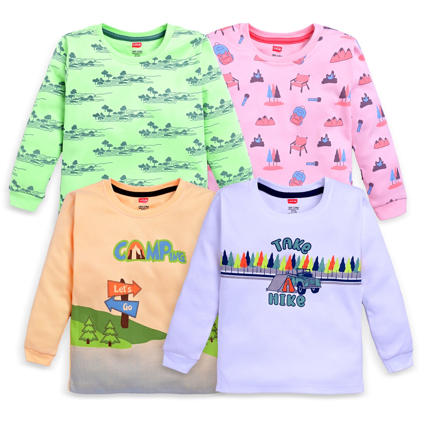 Baby Boys Regular Fit 100% Cotton Full Sleeves Boys T-Shirts Sets Pack Of 4, Paradise Green, Pink Rose, White & Mango