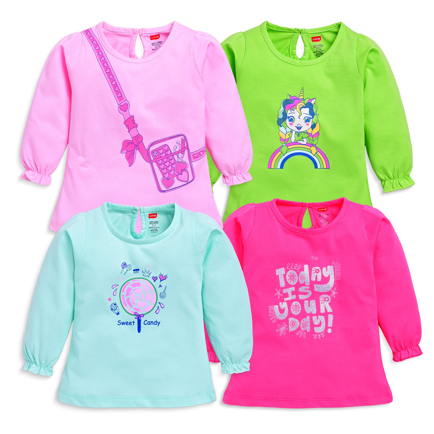 Baby Girls 100% Cotton Full Sleeve Girls Top Pack Of 4, Baby Pink, Soothing Sea, Sharp Green & Hot Pink