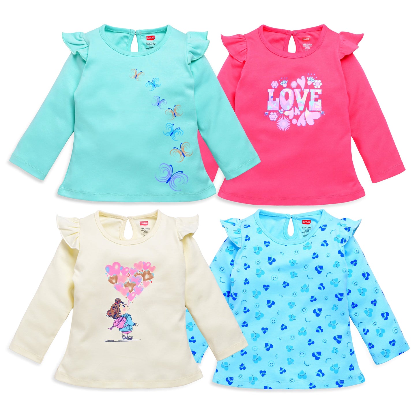Baby Girls 100% Cotton Full Sleeve Girls Top Pack Of 4, Off White, Coral Red, Lt. Pastel Green & Aqua