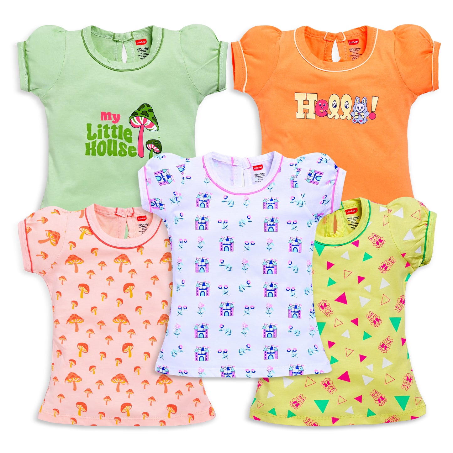 Baby Girls Regular Fit 100% Cotton Half Sleeves Girls Top Pack Of 5, Sea Foam Green, White, Lime Green, Lt. Peach & Papaya