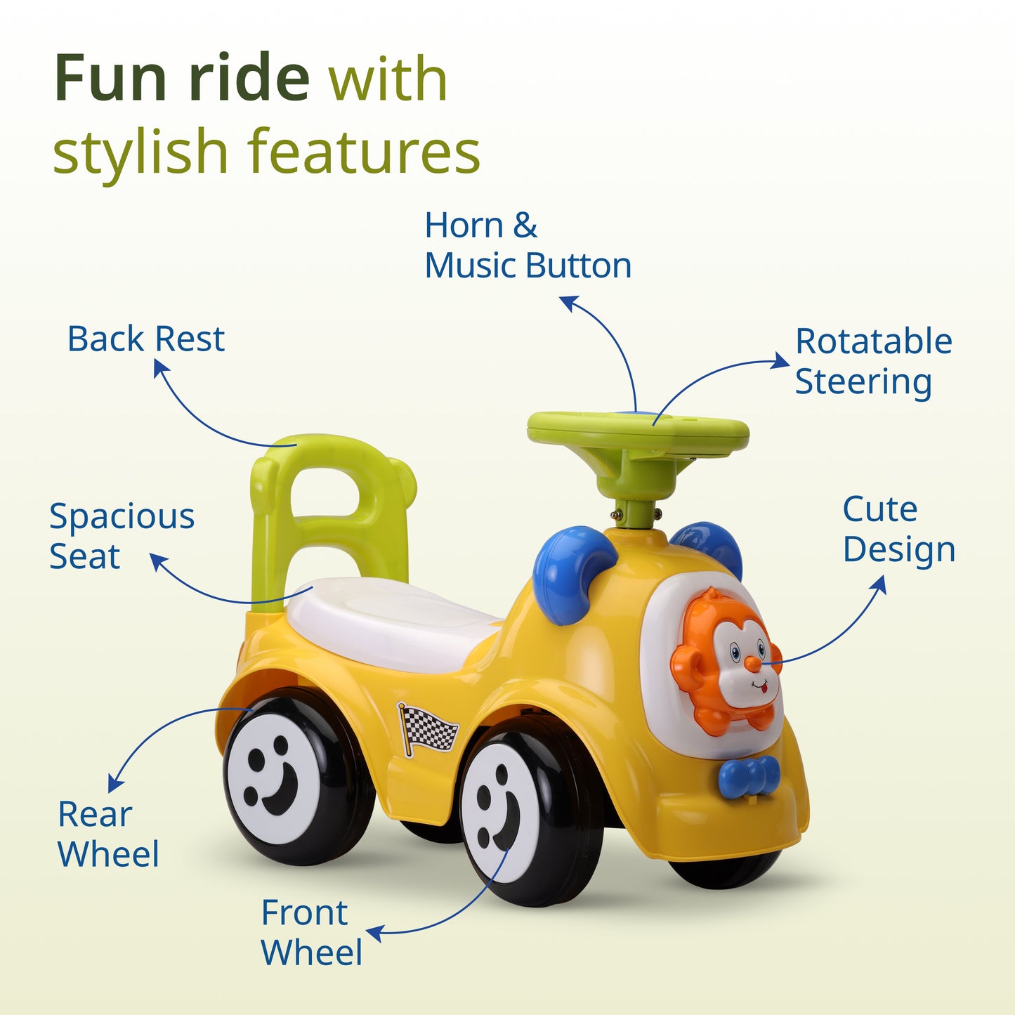 Sunny Ride on & Car for Kids with Music & Horn Steering, Push Car for Baby with Backrest, Safety Guard, Under Seat Storage & Big Wheels, Ride on for Kids 1 to 3 Years Upto 25 Kgs (Yellow)