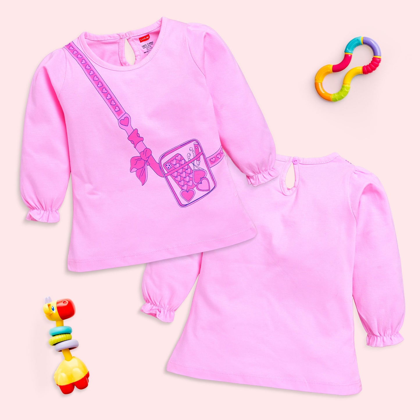 Baby Girls 100% Cotton Full Sleeve Girls Top Pack Of 4, Baby Pink, Soothing Sea, Sharp Green & Hot Pink