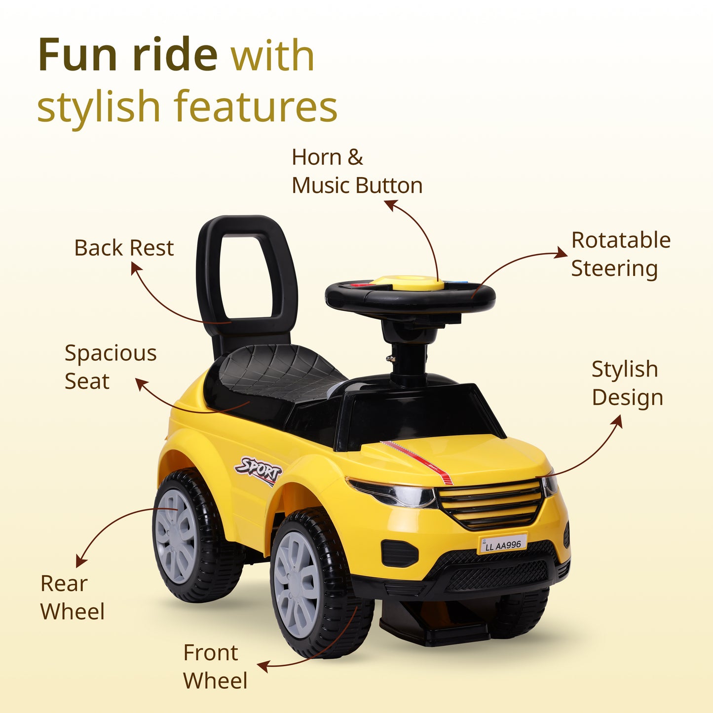 Starlight Ride on & Car for Kids with Music & Horn Steering, Push Car for Baby with Backrest, Safety Guard, Under Seat Storage & Big Wheels, Ride on for Kids 1 to 3 Years Upto 25 Kgs (Yellow)