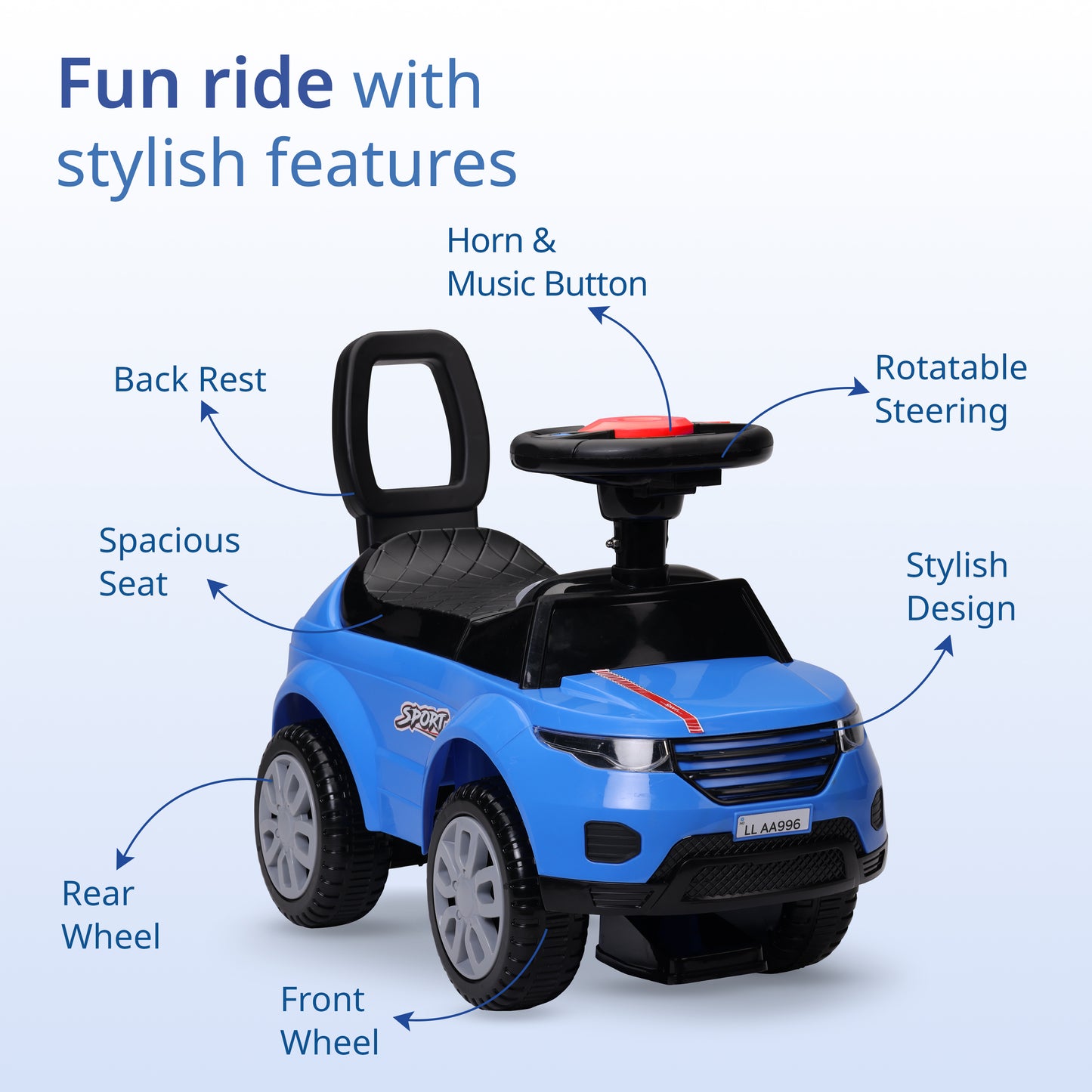 Starlight Ride on & Car for Kids with Music & Horn Steering, Push Car for Baby with Backrest, Safety Guard, Under Seat Storage & Big Wheels, Ride on for Kids 1 to 3 Years Upto 25 Kgs (Blue)