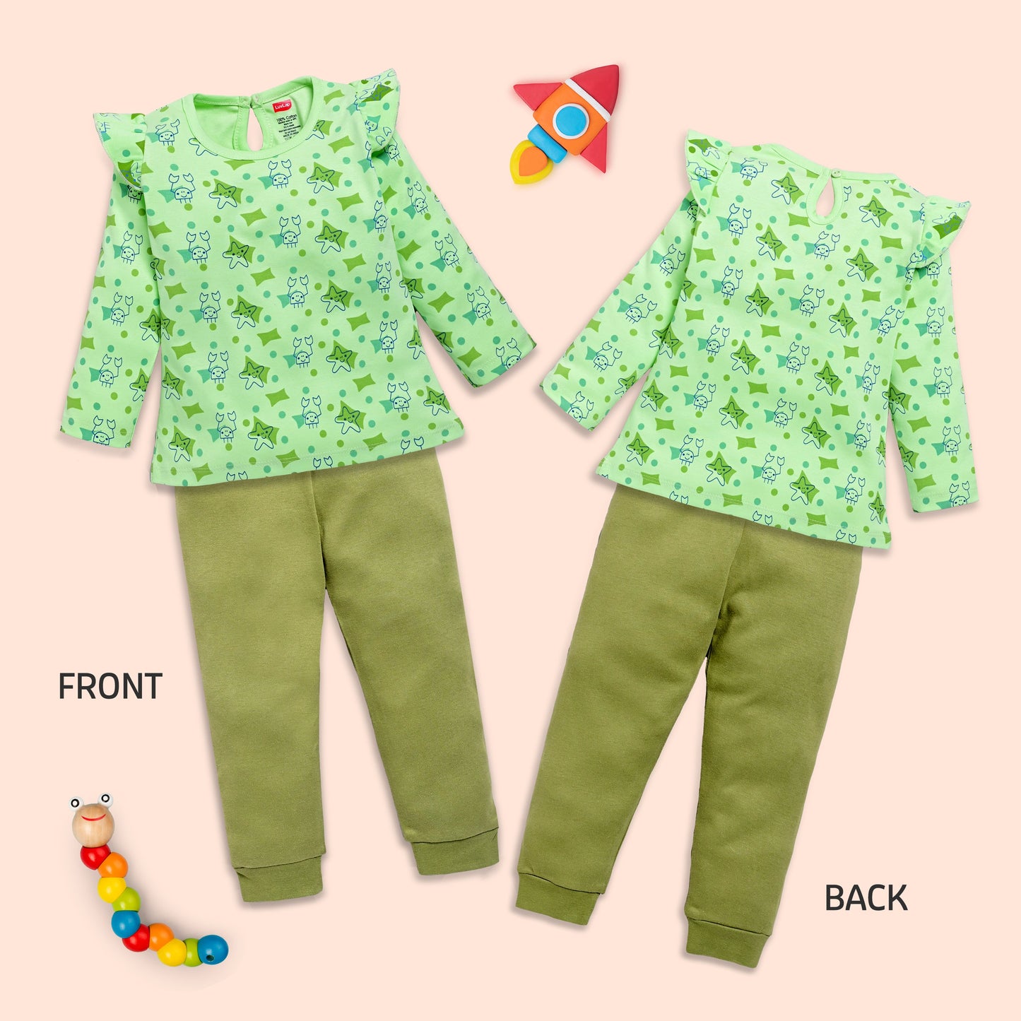 Baby Girls 100% Cotton Full Sleeve Girls Top & Pyjama CoSets Pack Of 3, Baby Pink, Paradise Green & White