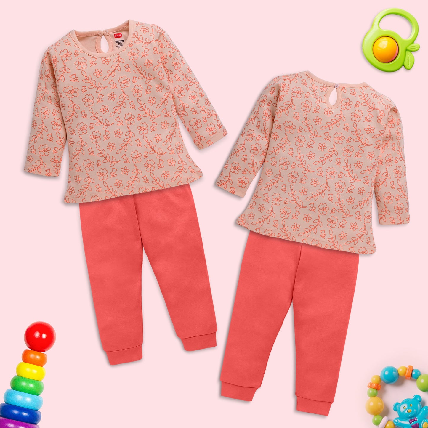Baby Girls Pack Of 3 Full Sleeve Top & Pyjama Set 100% Cotton