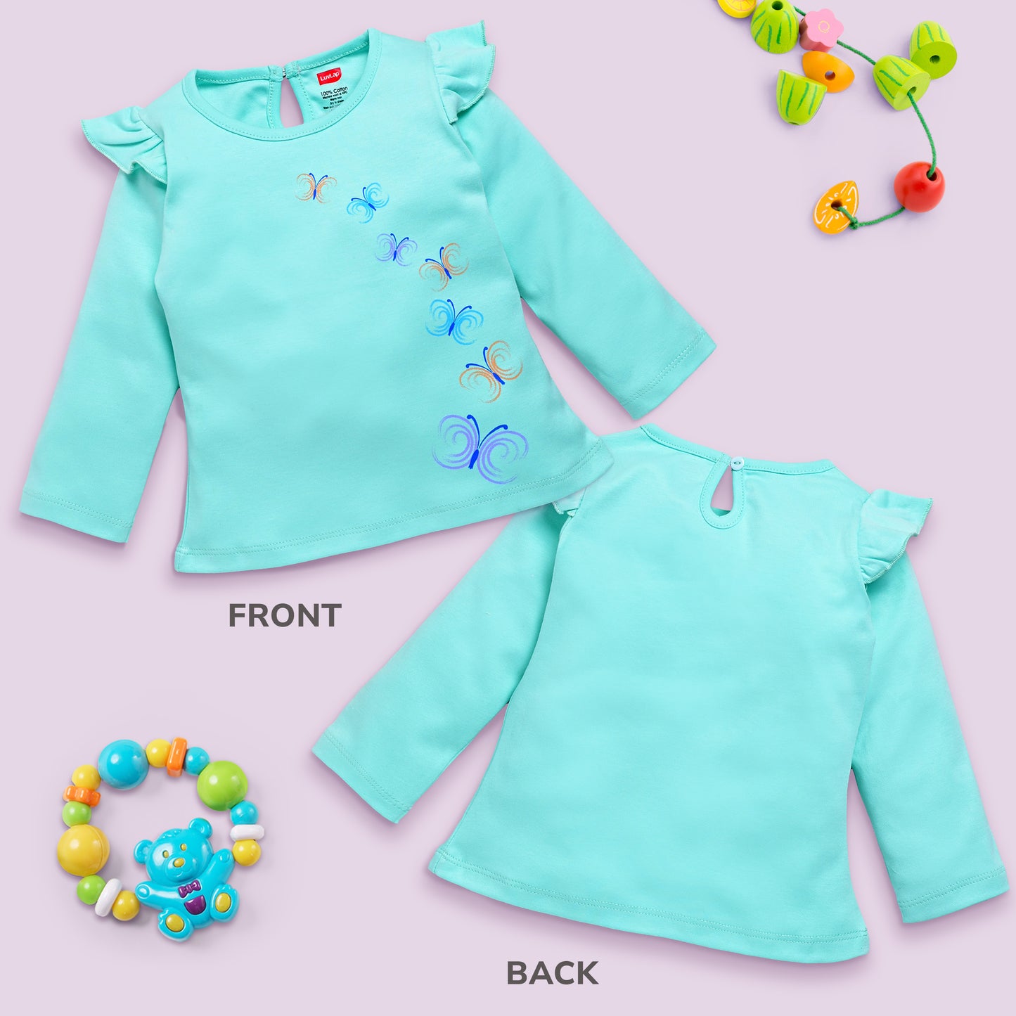 Baby Girls 100% Cotton Full Sleeve Girls Top Pack Of 4, Off White, Coral Red, Lt. Pastel Green & Aqua