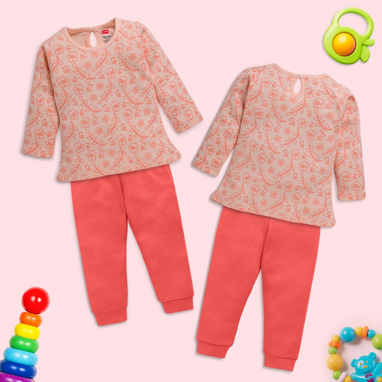 Baby Girls Pack Of 3 Full Sleeve Top & Pyjama Set 100% Cotton