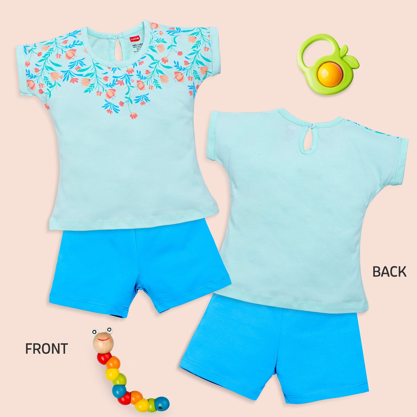 Baby Girls 100% Cotton Sleeveless Girls Top & Shorts Sets Pack Of 3, Soothing Sea, Off White & Sea Foam Green