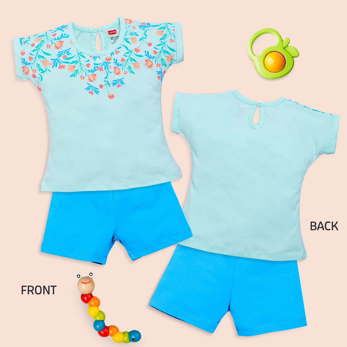 Baby Girls 100% Cotton Sleeveless Girls Top & Shorts Sets Pack Of 3, Soothing Sea, Off White & Sea Foam Green