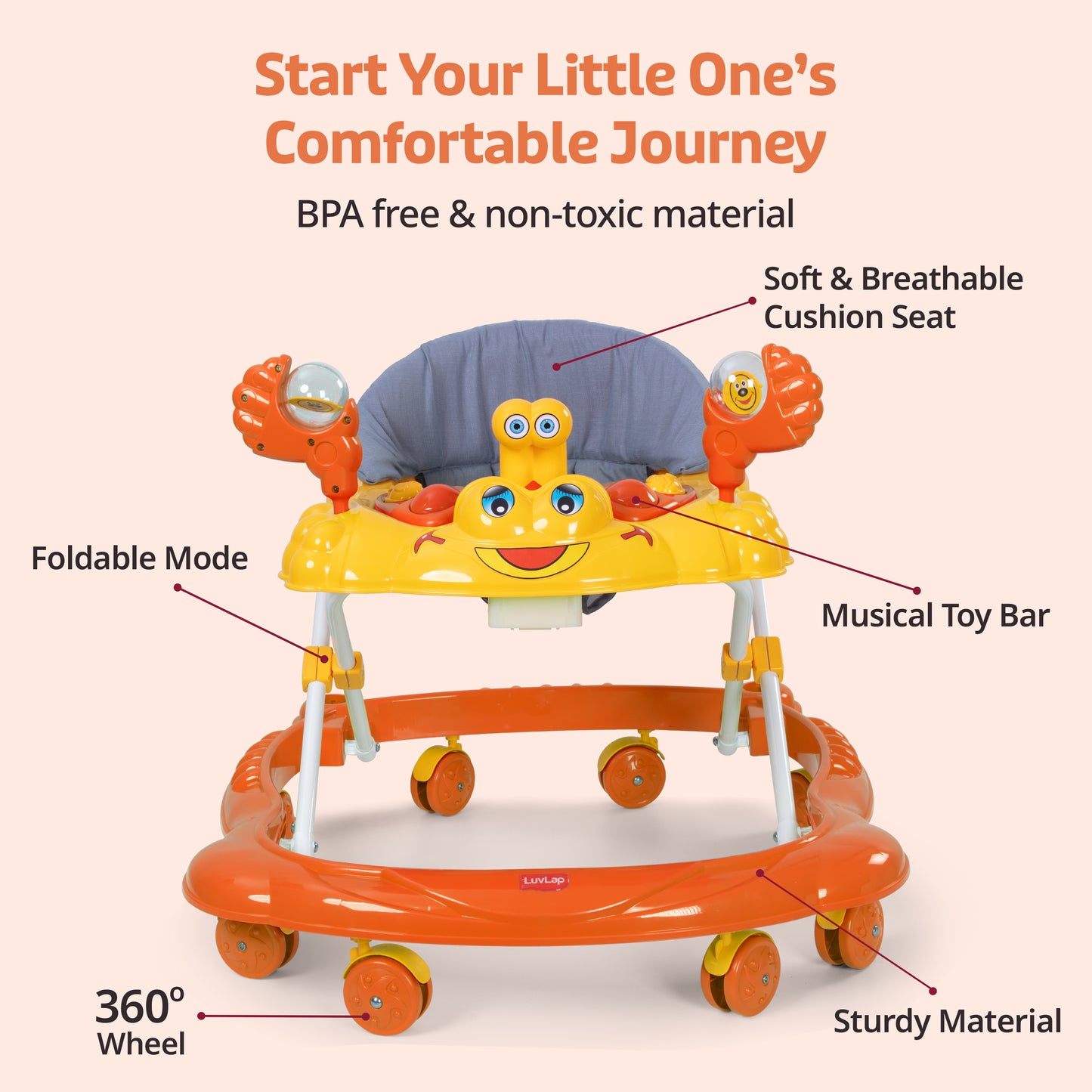 Starshine Baby Walker 9+ Months | 3 Level Height Adjustment Walker/Advanced Baby Activity Walker, Orange