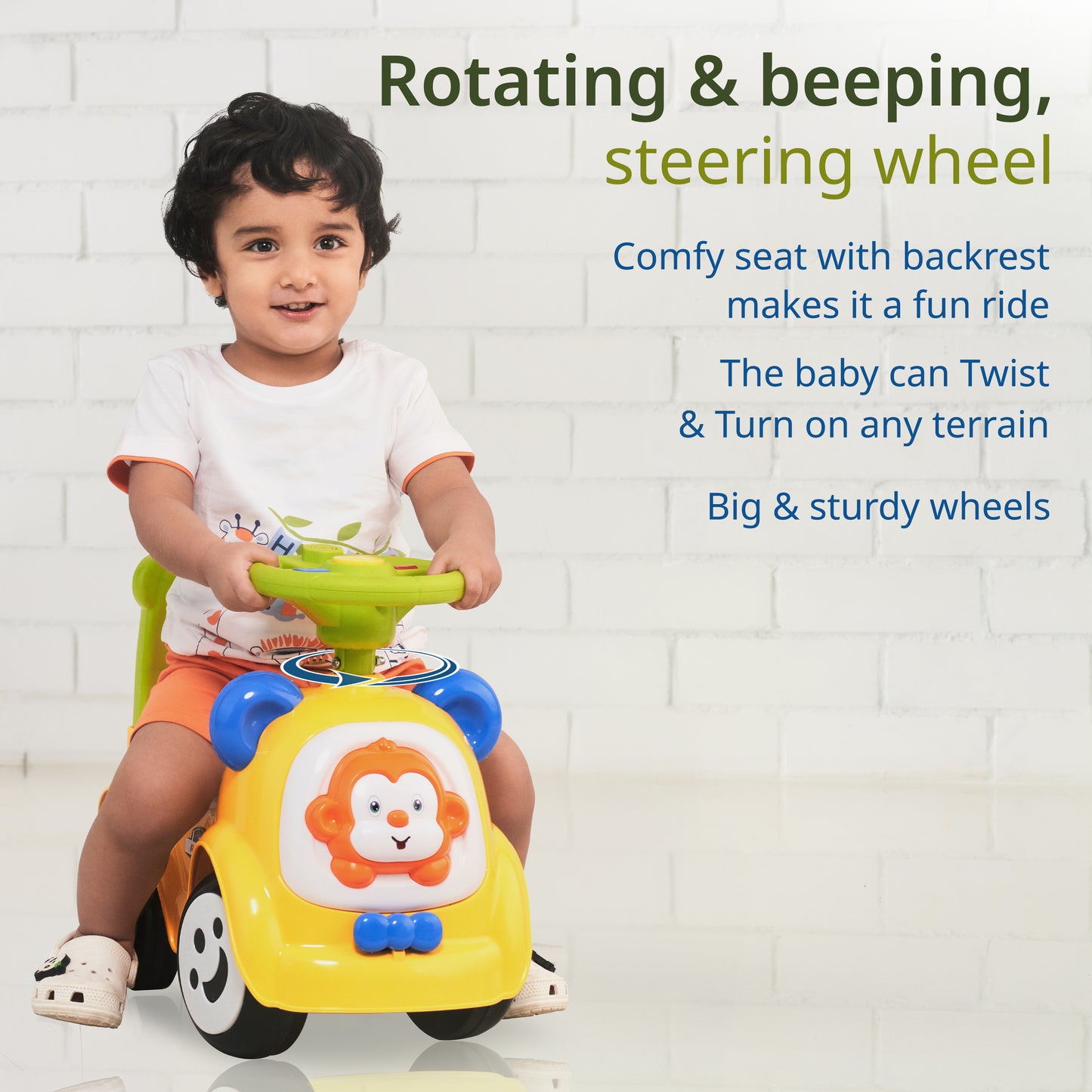 Sunny Ride on & Car for Kids with Music & Horn Steering, Push Car for Baby with Backrest, Safety Guard, Under Seat Storage & Big Wheels, Ride on for Kids 1 to 3 Years Upto 25 Kgs (Yellow)