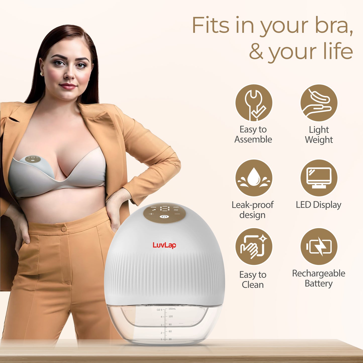 Glory Hands-Free Electric Breast Pump for Breastfeeding, Wearable, Portable, 4 Modes & 9 Suction Levels, Type-C Fast Charging, 24mm Breast Shield, Includes 19/21/27mm Soft Flange Inserts, White