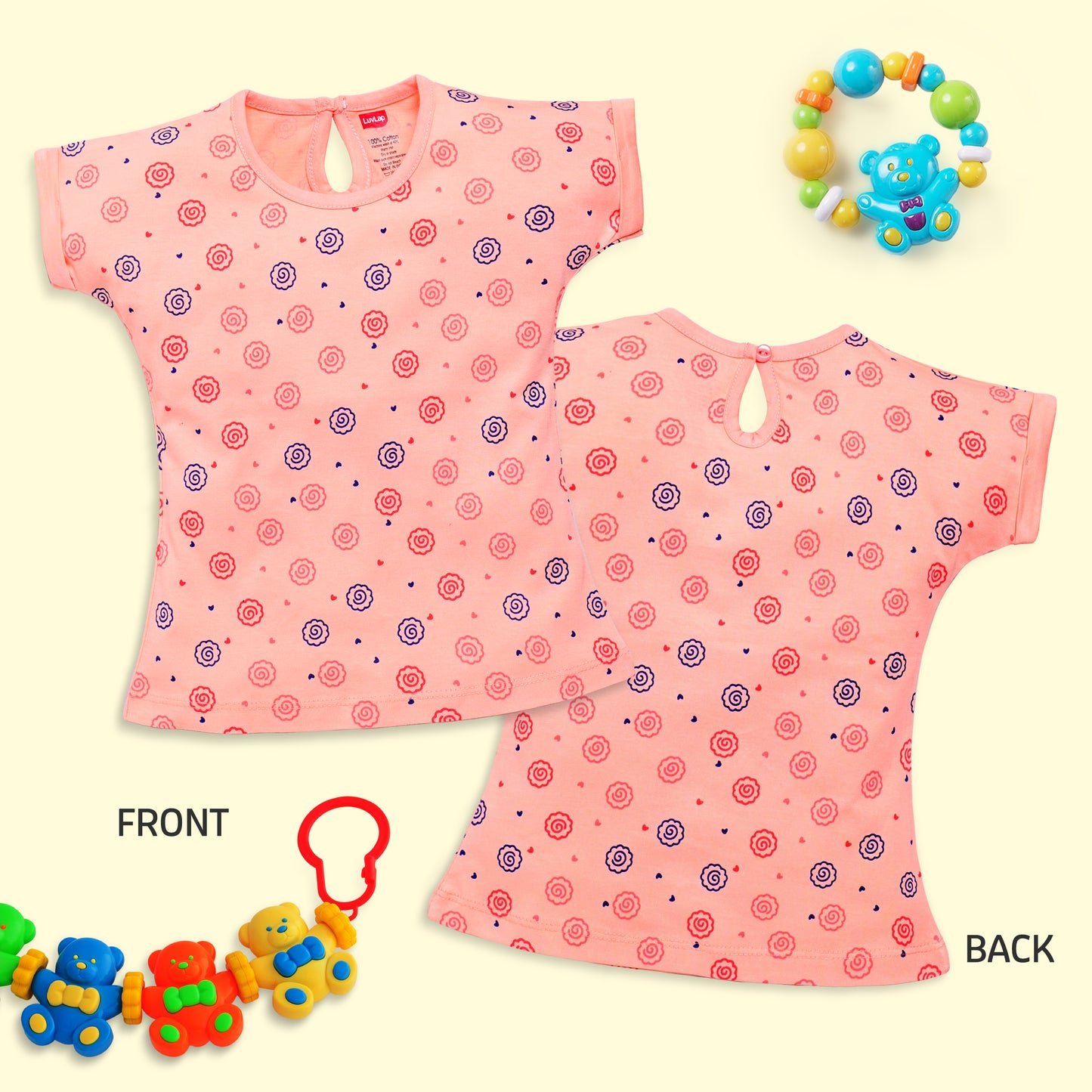 Baby Girls Regular Fit 100% Cotton Half Sleeves Girls Top Pack Of 5, White, Burgundy, Peach, Purple Opulence & Lt. Pastel Green