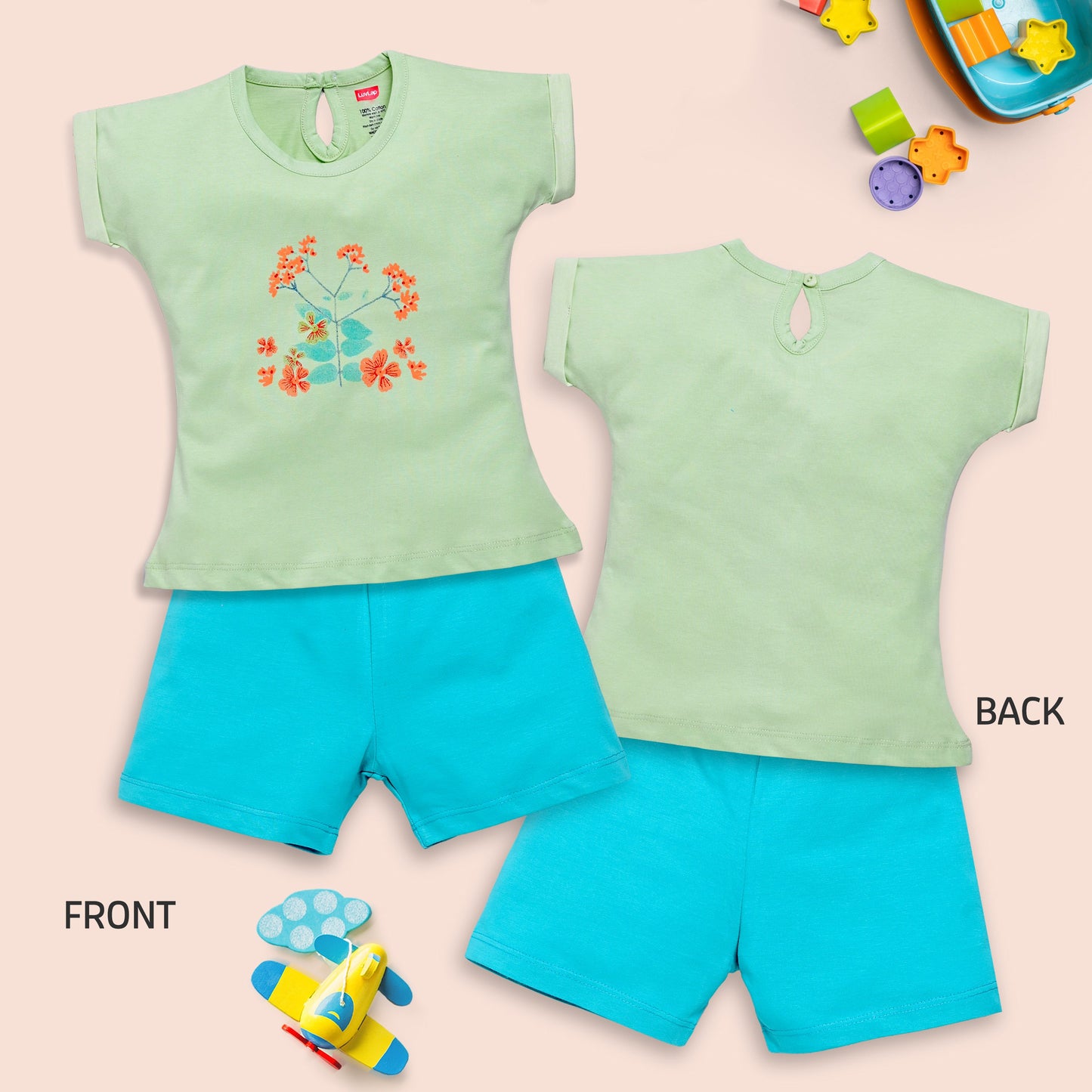 Baby Girls 100% Cotton Sleeveless Girls Top & Shorts Sets Pack Of 3, Soothing Sea, Off White & Sea Foam Green
