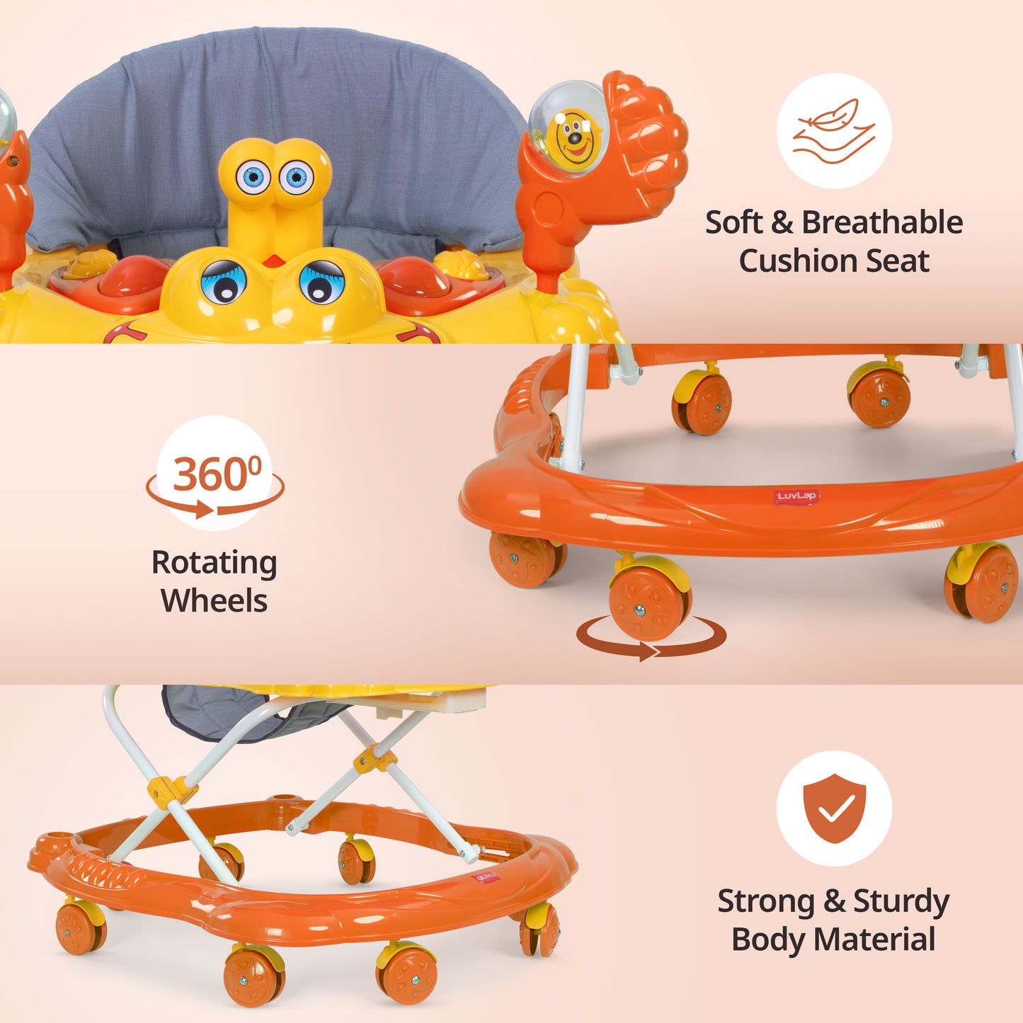 Starshine Baby Walker 9+ Months | 3 Level Height Adjustment Walker/Advanced Baby Activity Walker, Orange
