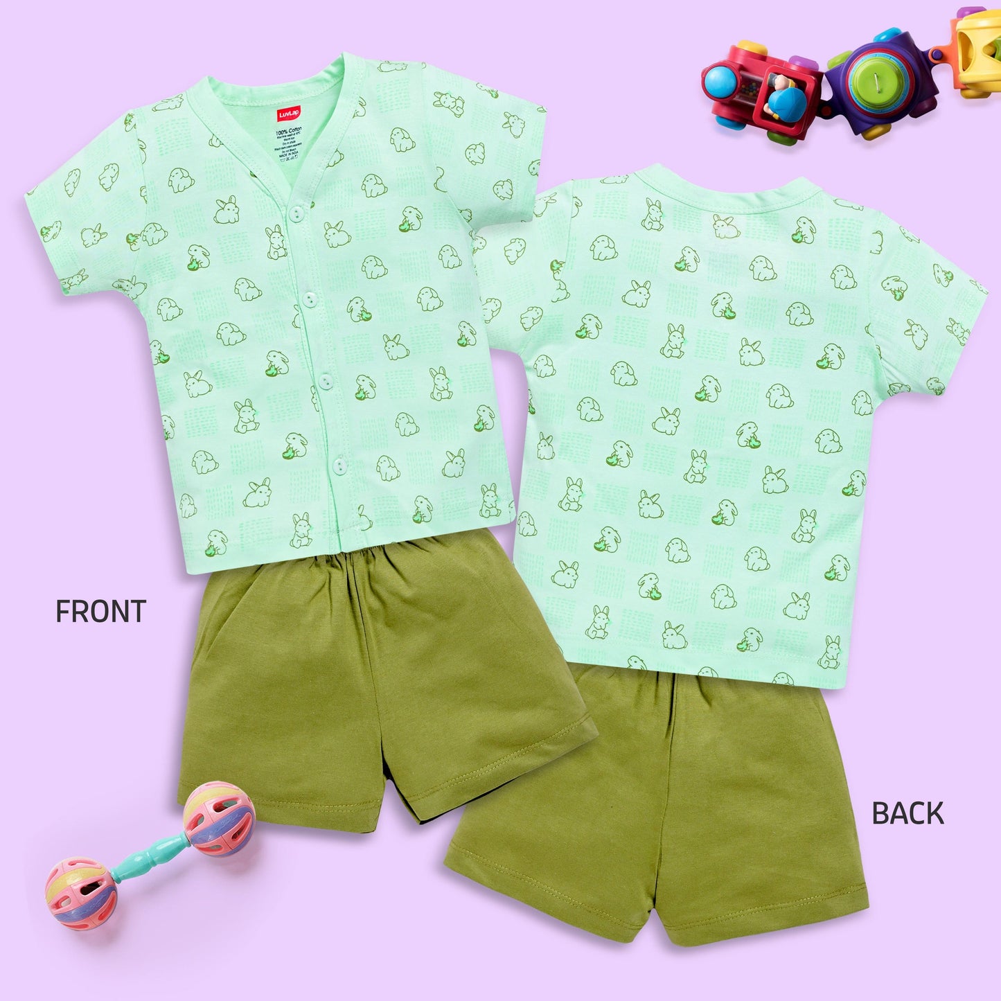 Baby Boys & Girls Regular Fit 100% Cotton Half Sleeve Jhabla & Shorts Sets Pack Of 3, Sea Salt, Sea Green & Light Peach