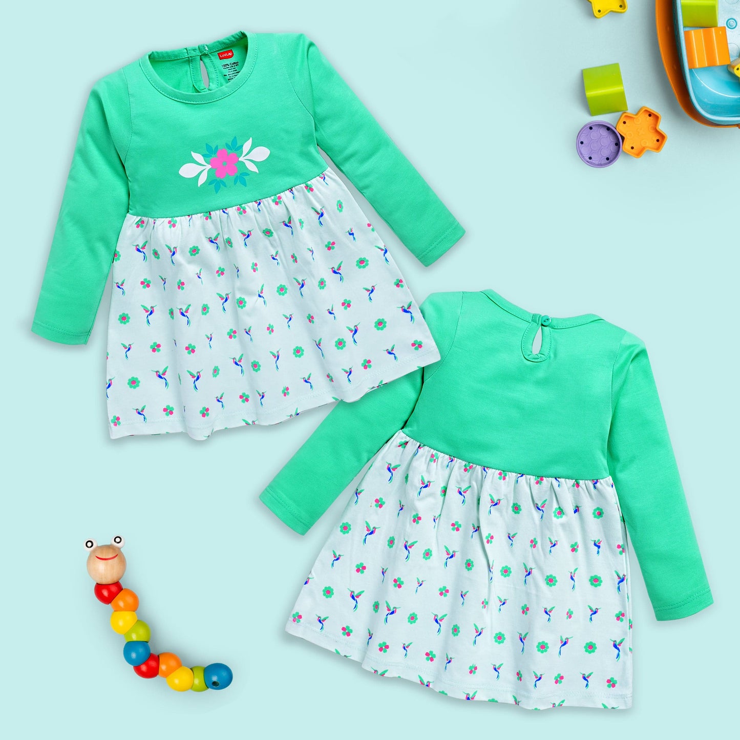 Baby Girls 100% Cotton Full Sleeve Girl Frock Pack Of 3, Morning Glory, Fuschia & Pastel Green