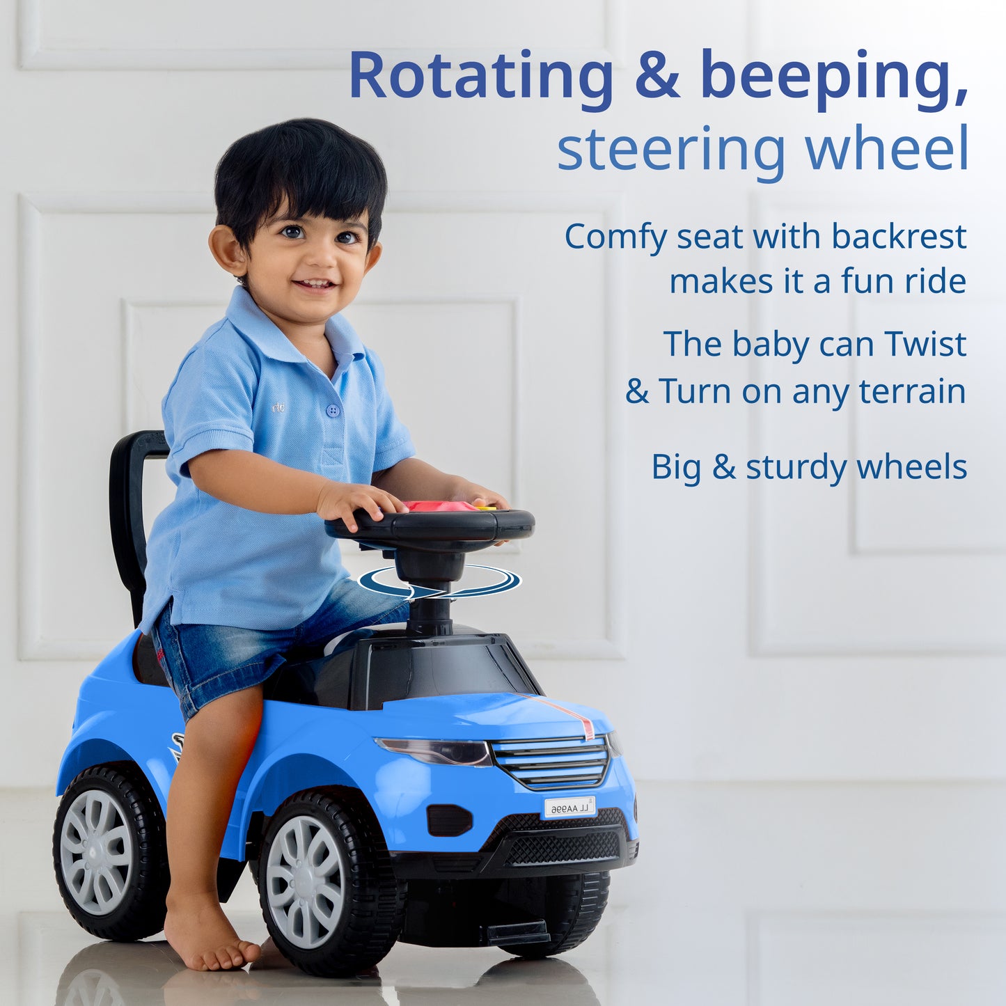Starlight Ride on & Car for Kids with Music & Horn Steering, Push Car for Baby with Backrest, Safety Guard, Under Seat Storage & Big Wheels, Ride on for Kids 1 to 3 Years Upto 25 Kgs (Blue)