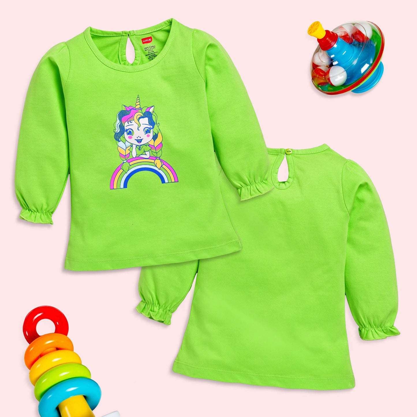 Baby Girls 100% Cotton Full Sleeve Girls Top Pack Of 4, Baby Pink, Soothing Sea, Sharp Green & Hot Pink