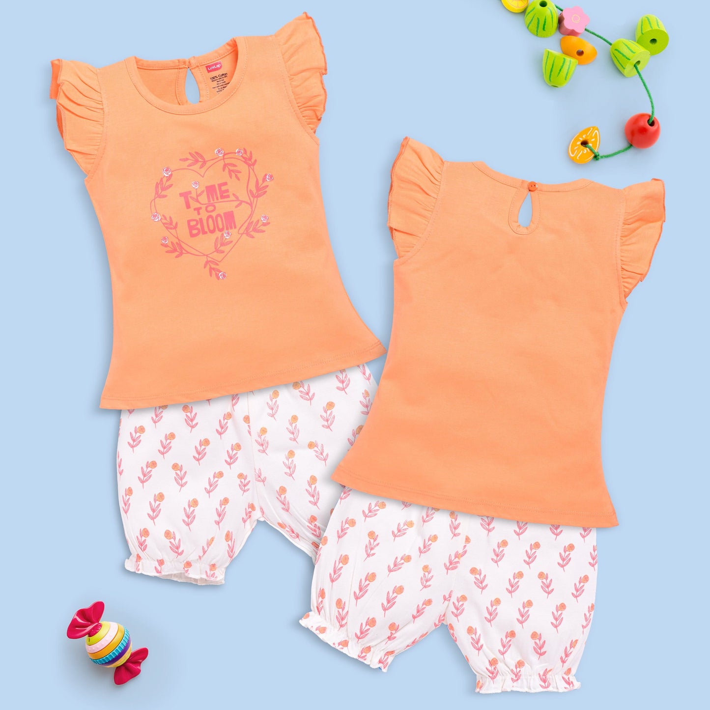 Baby Girls Regular Fit 100% Cotton Half Sleeves Girls Top CoSets Pack Of 3, Papaya, Hot Pink & Gold