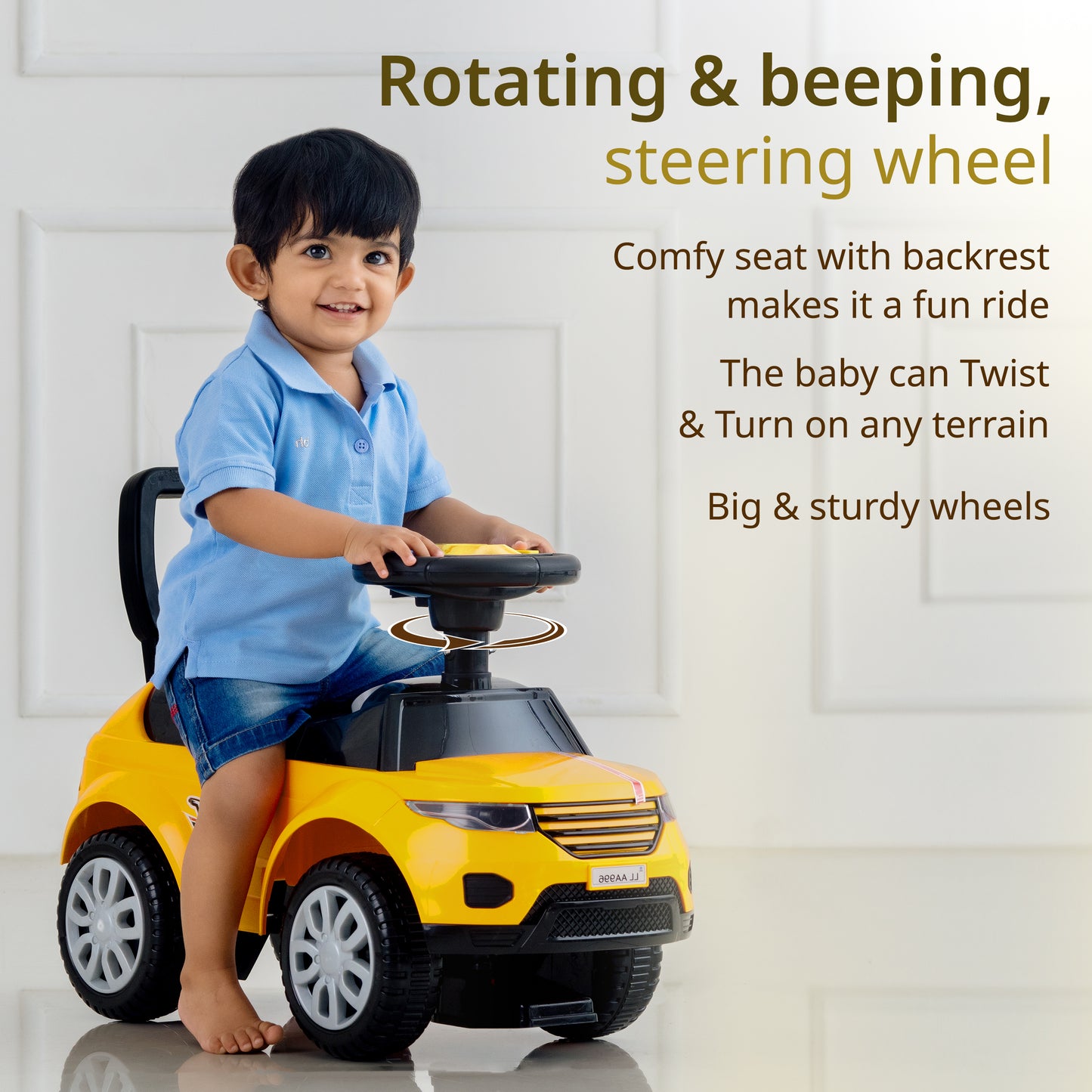 Starlight Ride on & Car for Kids with Music & Horn Steering, Push Car for Baby with Backrest, Safety Guard, Under Seat Storage & Big Wheels, Ride on for Kids 1 to 3 Years Upto 25 Kgs (Yellow)