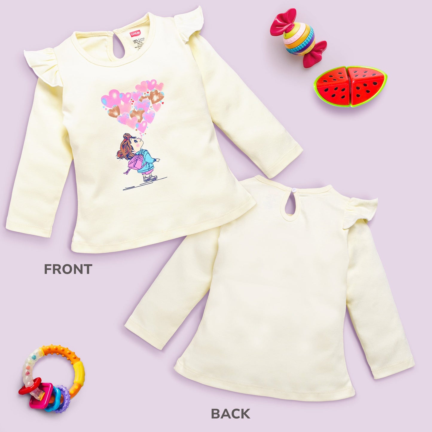 Baby Girls 100% Cotton Full Sleeve Girls Top Pack Of 4, Off White, Coral Red, Lt. Pastel Green & Aqua