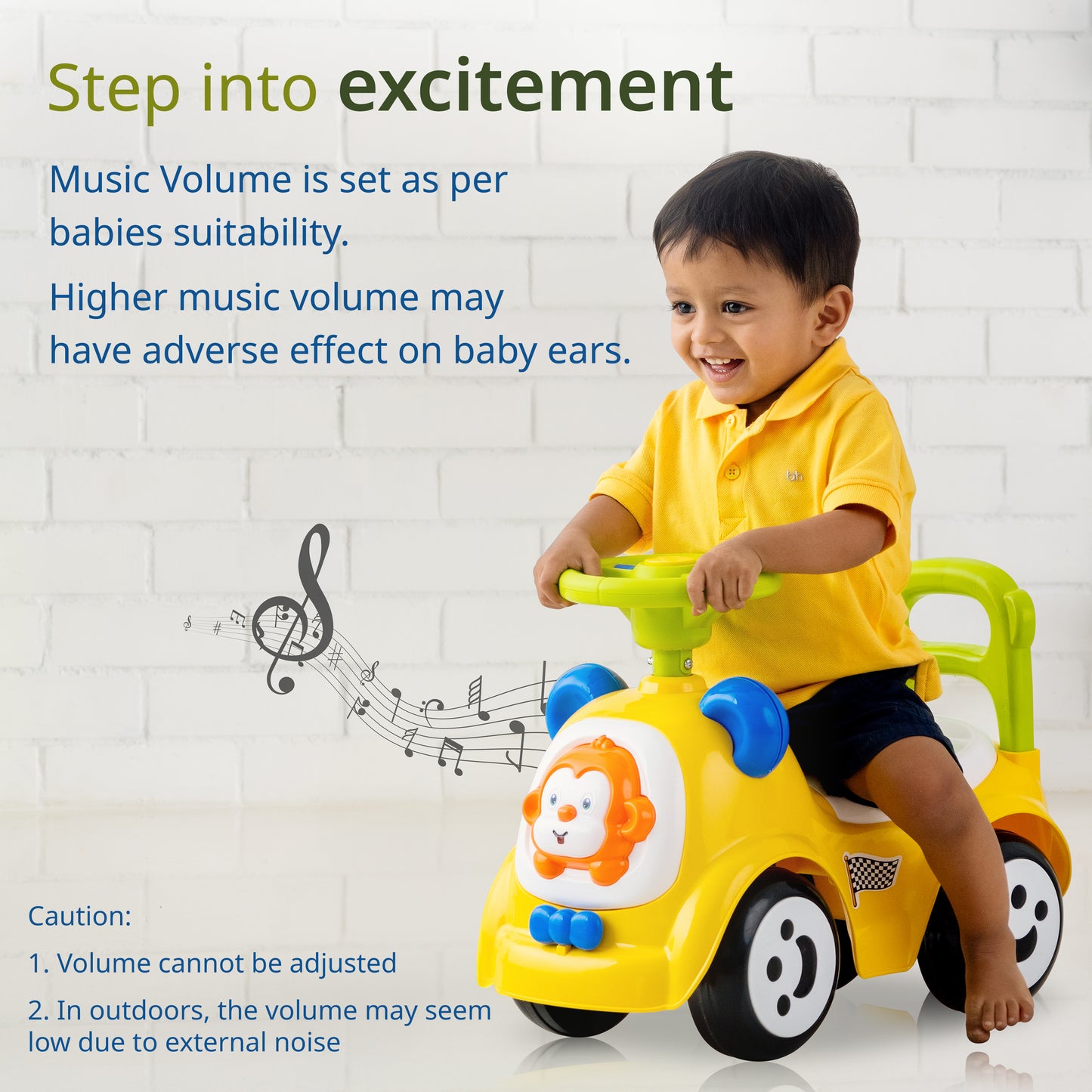 Sunny Ride on & Car for Kids with Music & Horn Steering, Push Car for Baby with Backrest, Safety Guard, Under Seat Storage & Big Wheels, Ride on for Kids 1 to 3 Years Upto 25 Kgs (Yellow)