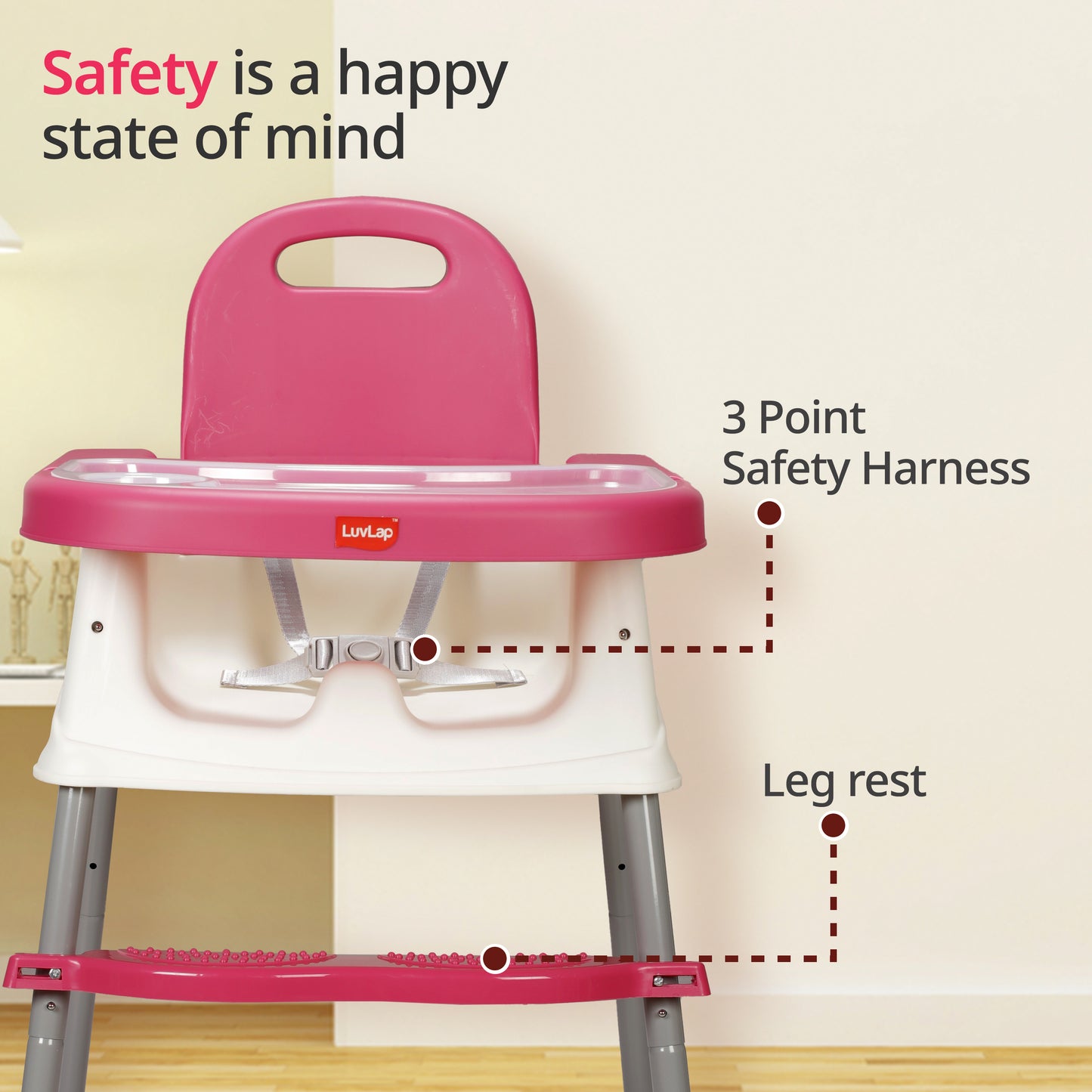 4 in 1 Convertible Baby High Chair with footrest, Convertible to High Chair, Low Chair, & Booster Seat, Essential for Baby Feeding (Pink)