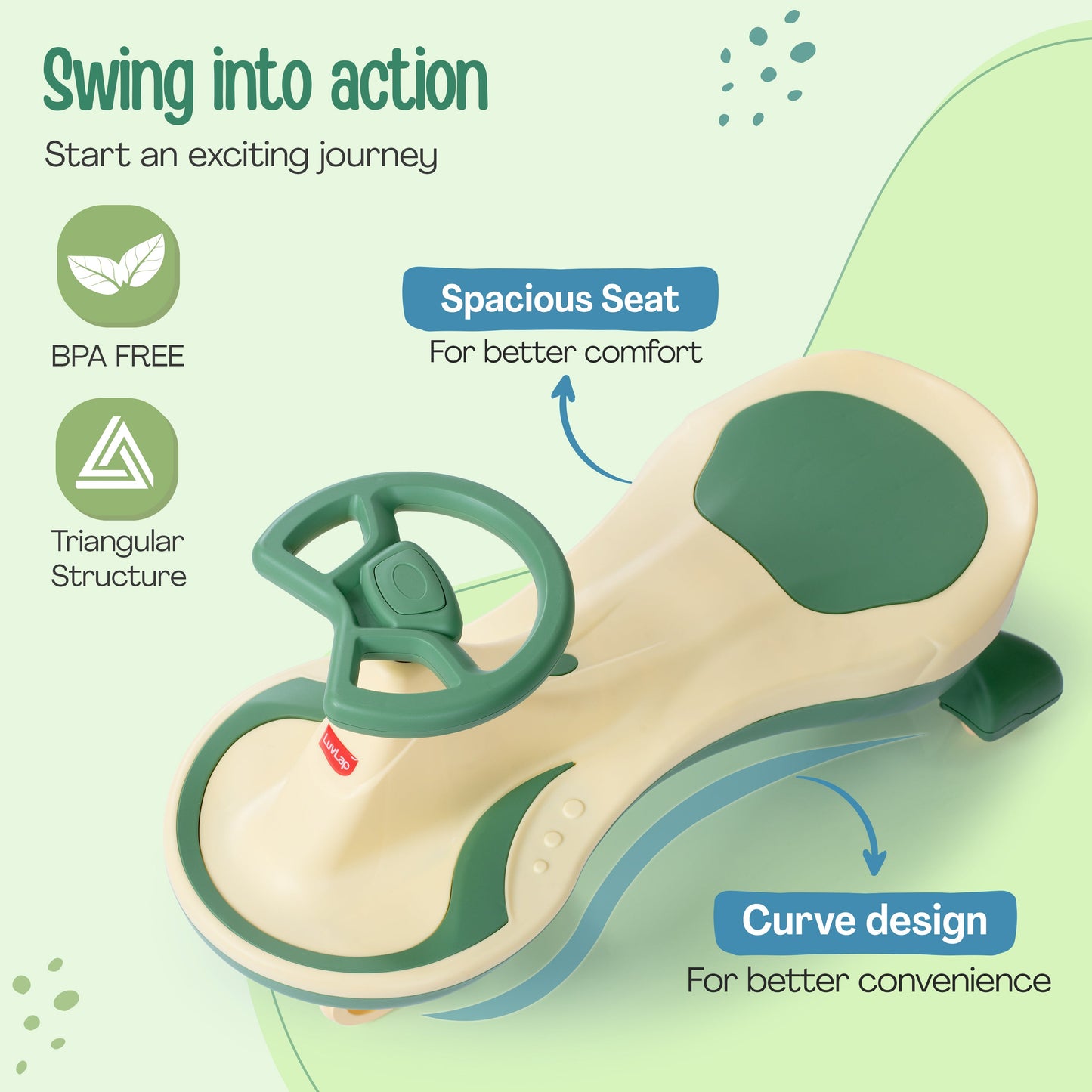 Sunny Swing Car, Kids Push Car, Magic Car for Kids, Comfortable Seats & Durable, Ride On Magic Car for 3+ Years Baby Boy & Girl, Beige & Green