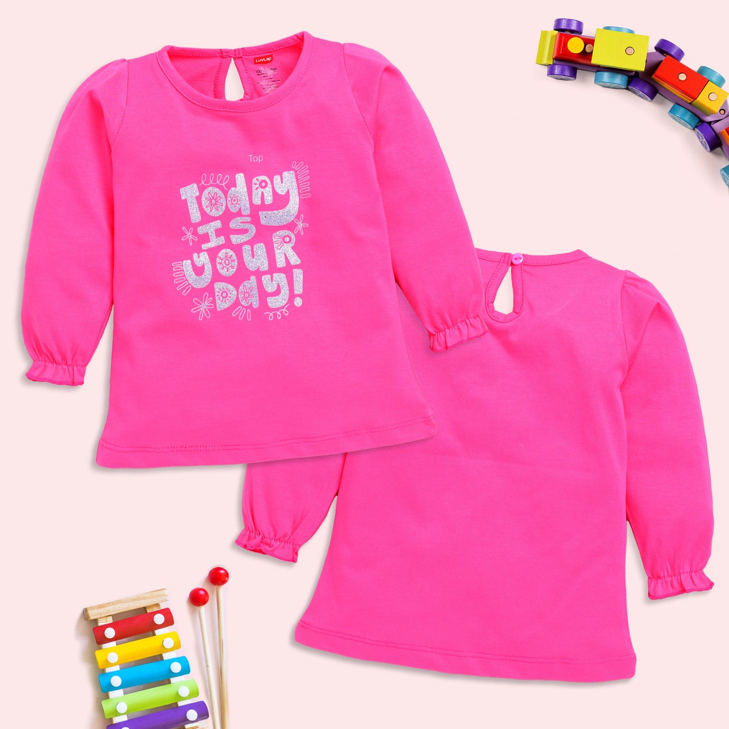 Baby Girls 100% Cotton Full Sleeve Girls Top Pack Of 4, Baby Pink, Soothing Sea, Sharp Green & Hot Pink