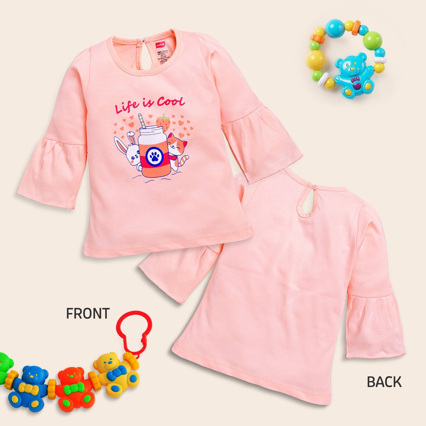 Baby Girls 100% Cotton Full Sleeve Girls Top Pack Of 4, Lt. Peach, Mango, Morning Glory & Sea Green