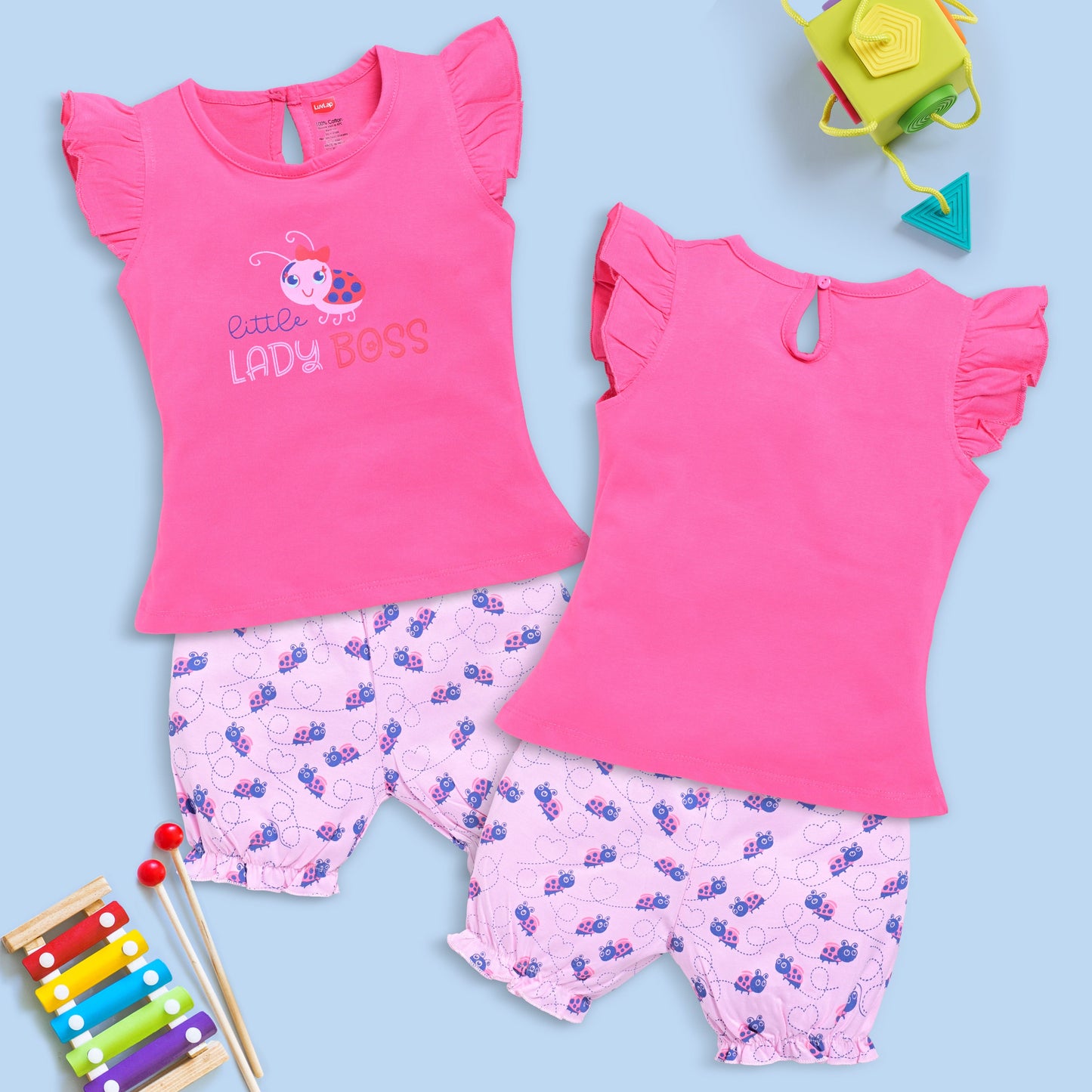 Baby Girls Regular Fit 100% Cotton Half Sleeves Girls Top CoSets Pack Of 3, Papaya, Hot Pink & Gold