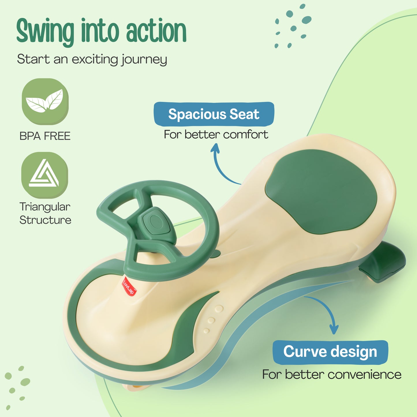 Sunny Swing Car, Kids Push Car, Magic Car for Kids, Comfortable Seats & Durable, Ride On Magic Car for 3+ Years Baby Boy & Girl, Beige & Green
